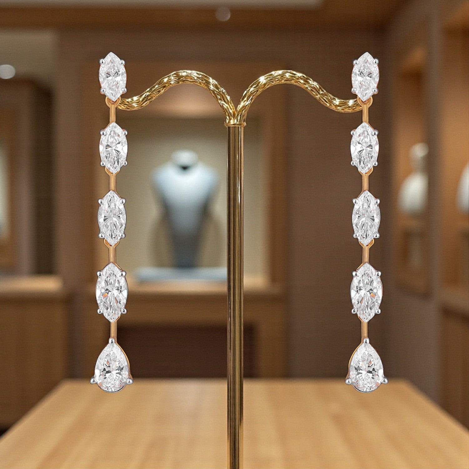 Lab-Grown Marquise and Pear Diamond Linear Earrings in 18K Yellow Gold | SKU : 0004953500