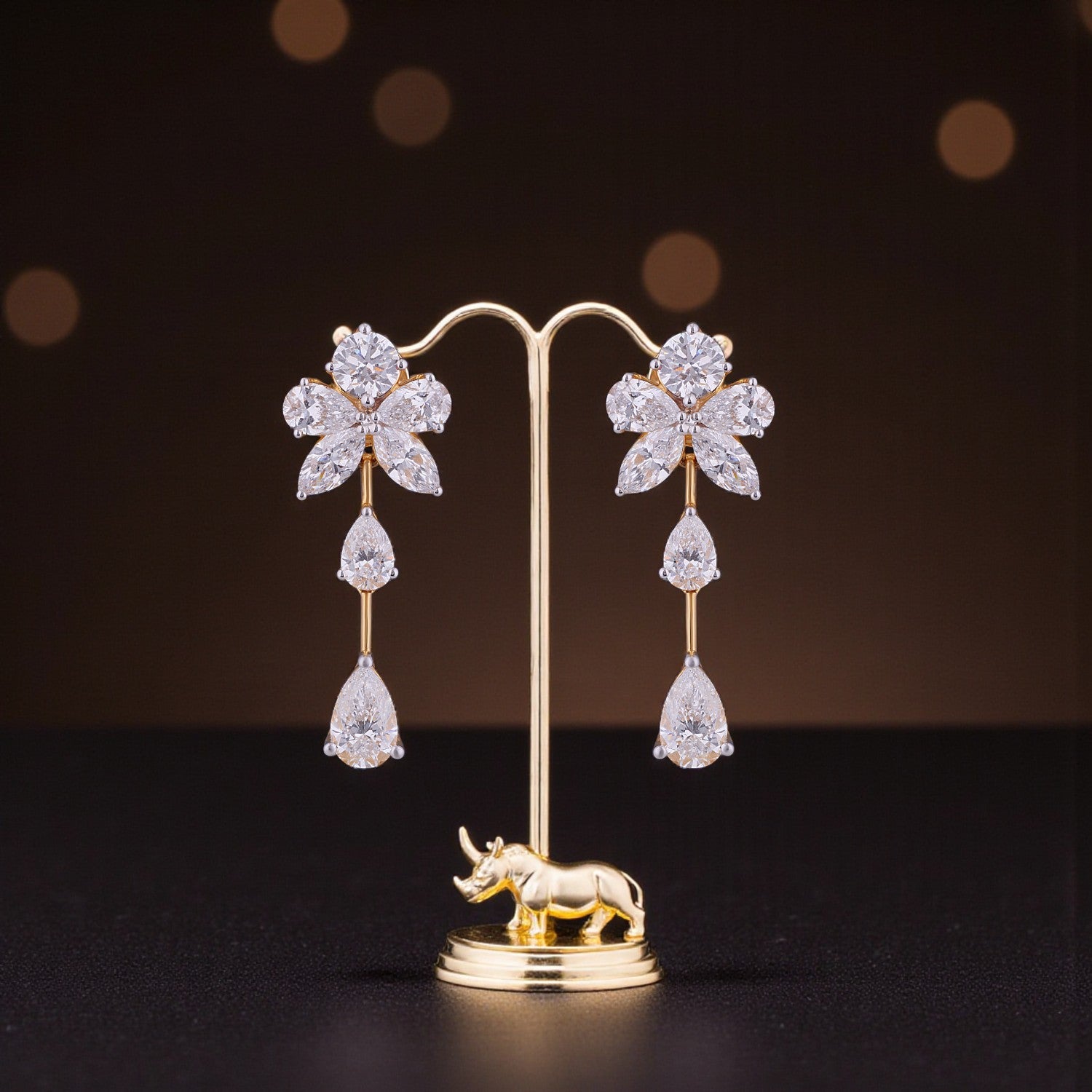 Lab-Grown Floral Cluster and Pear Diamond Drop Earrings in 18K Yellow Gold | SKU : 0004953746