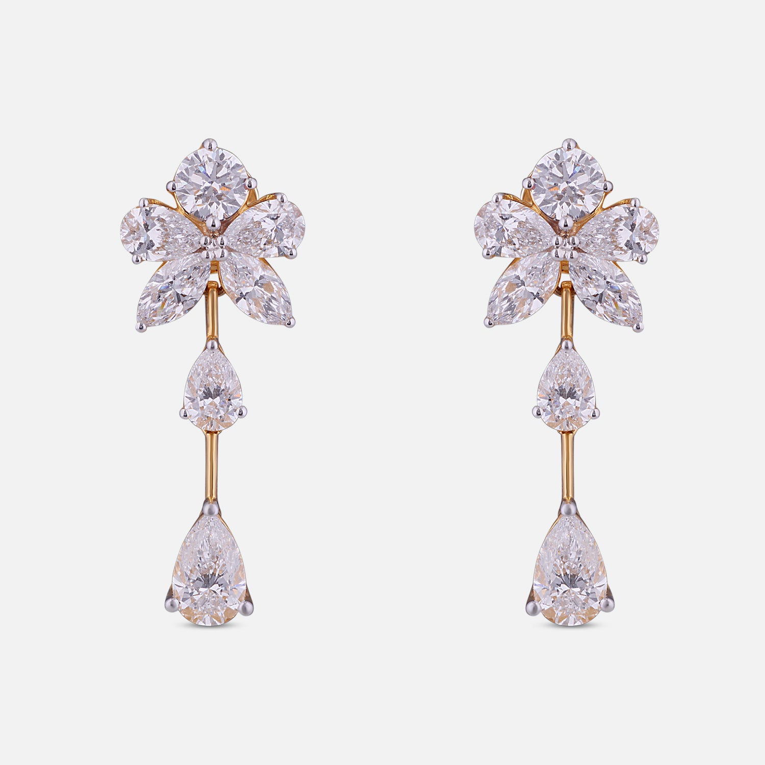 Lab-Grown Floral Cluster and Pear Diamond Drop Earrings in 18K Yellow Gold | SKU : 0004953746