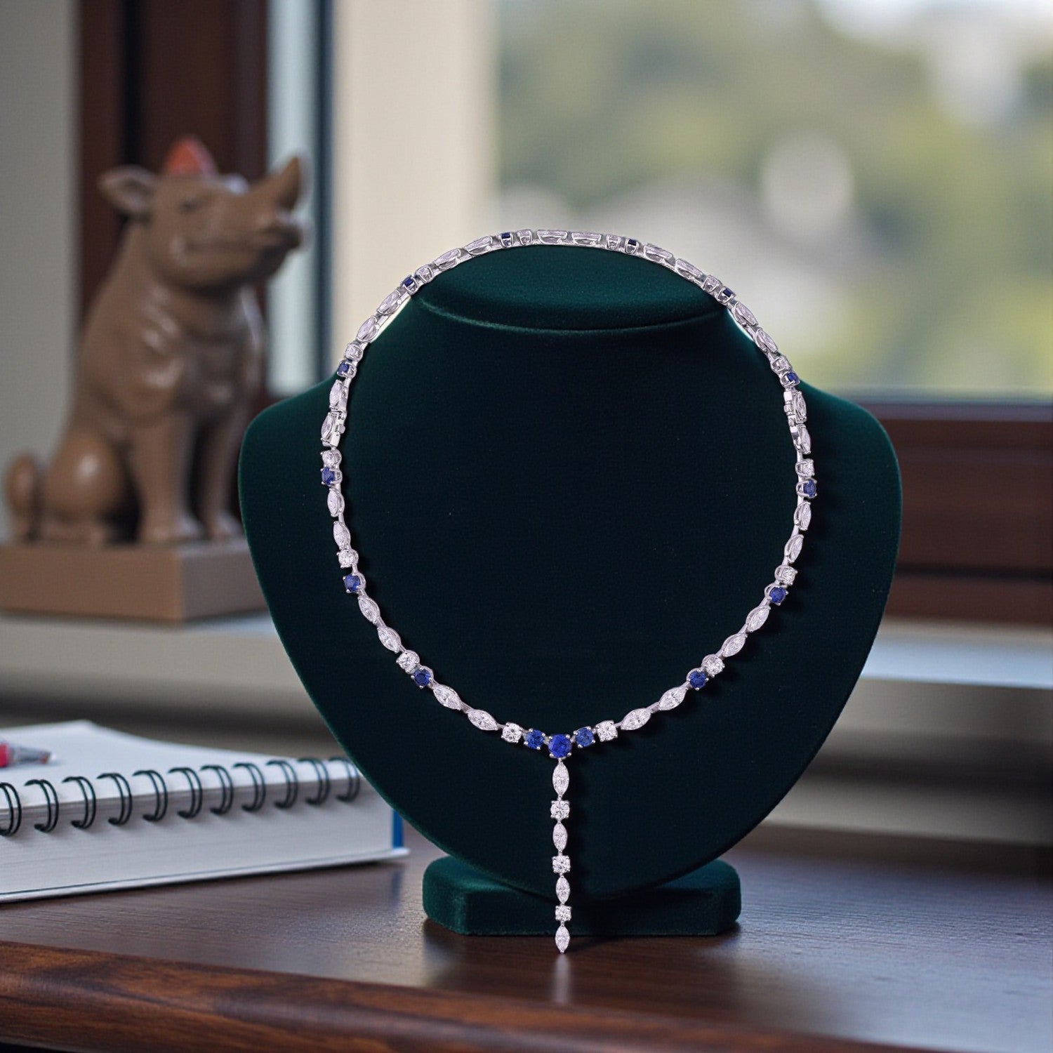 Lab-Grown Diamond and Sapphire Drop Necklace in 18K White Gold | SKU : 0004953852