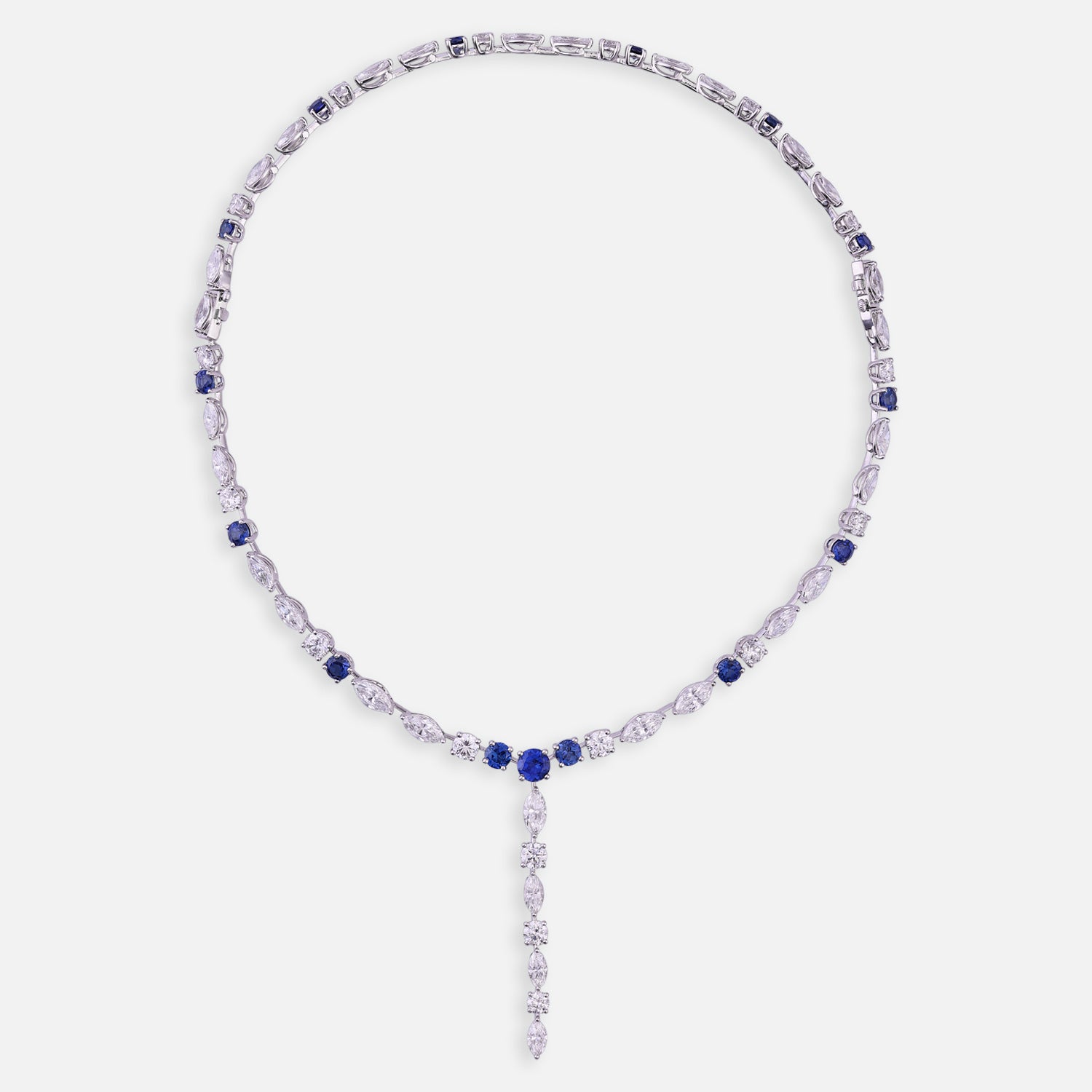 Lab-Grown Diamond and Sapphire Drop Necklace in 18K White Gold | SKU : 0004953852