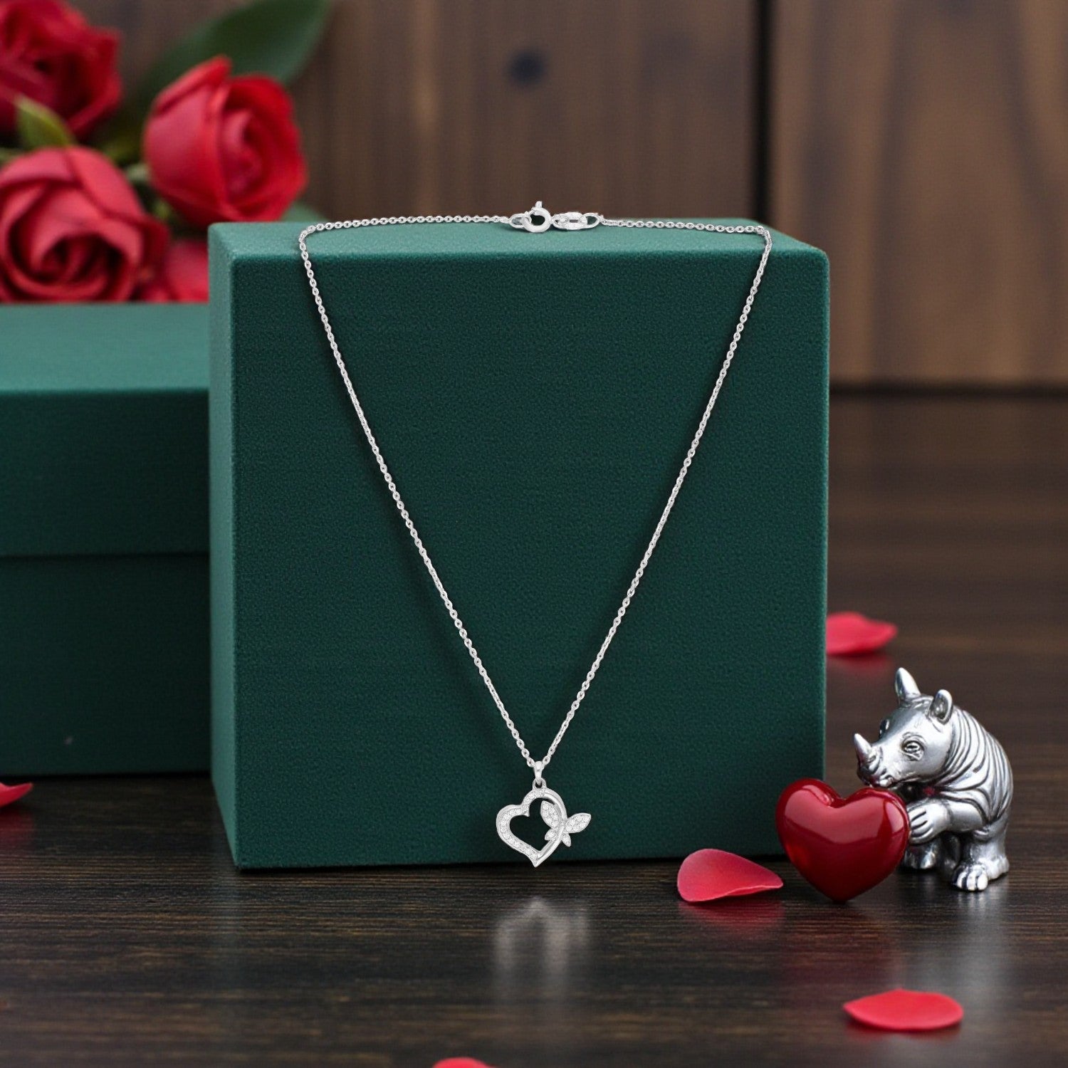 Sterling Silver Heart & Butterfly Cubic Zirconia Chain Pendant - Valentine Collection | SKU : 0005616084, 0005616091, 0005616107, 0005616114, 0005616121, 0005616138, 0005616145, 0005616152, 0005616169