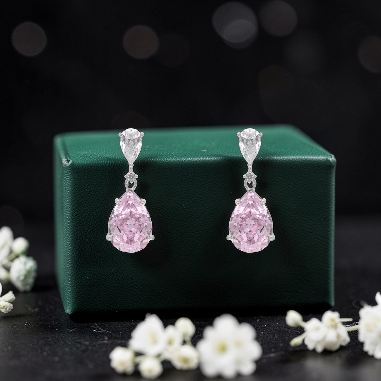 Sterling Silver Pink Teardrop Cubic Zirconia Drop Earrings | SKU: 0022628176