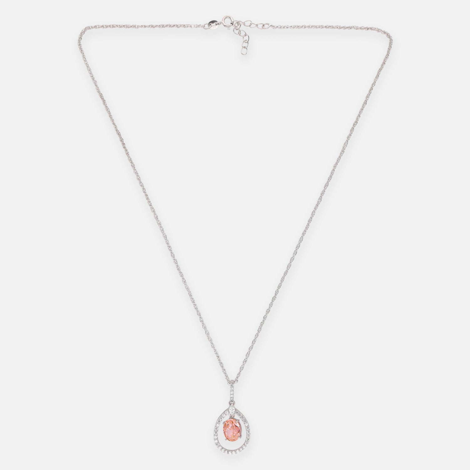 Sterling Silver Peach CZ Teardrop Halo Pendant with Chain | SKU: 0022628213, 0005749812, 0022628206