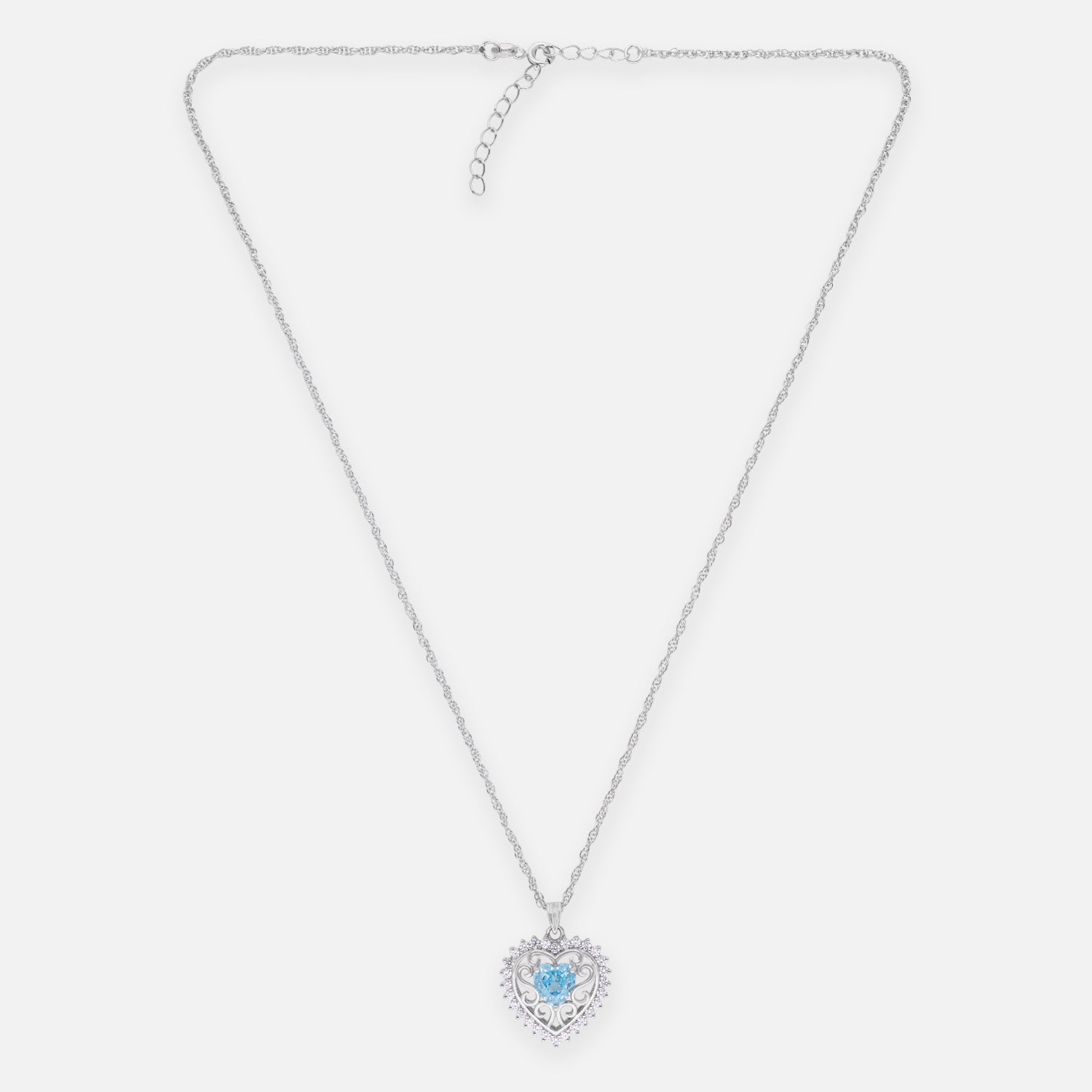 Sterling Silver Sky Blue CZ Heart Filigree Pendant with Chain | SKU: 0022628299, 0005749942
