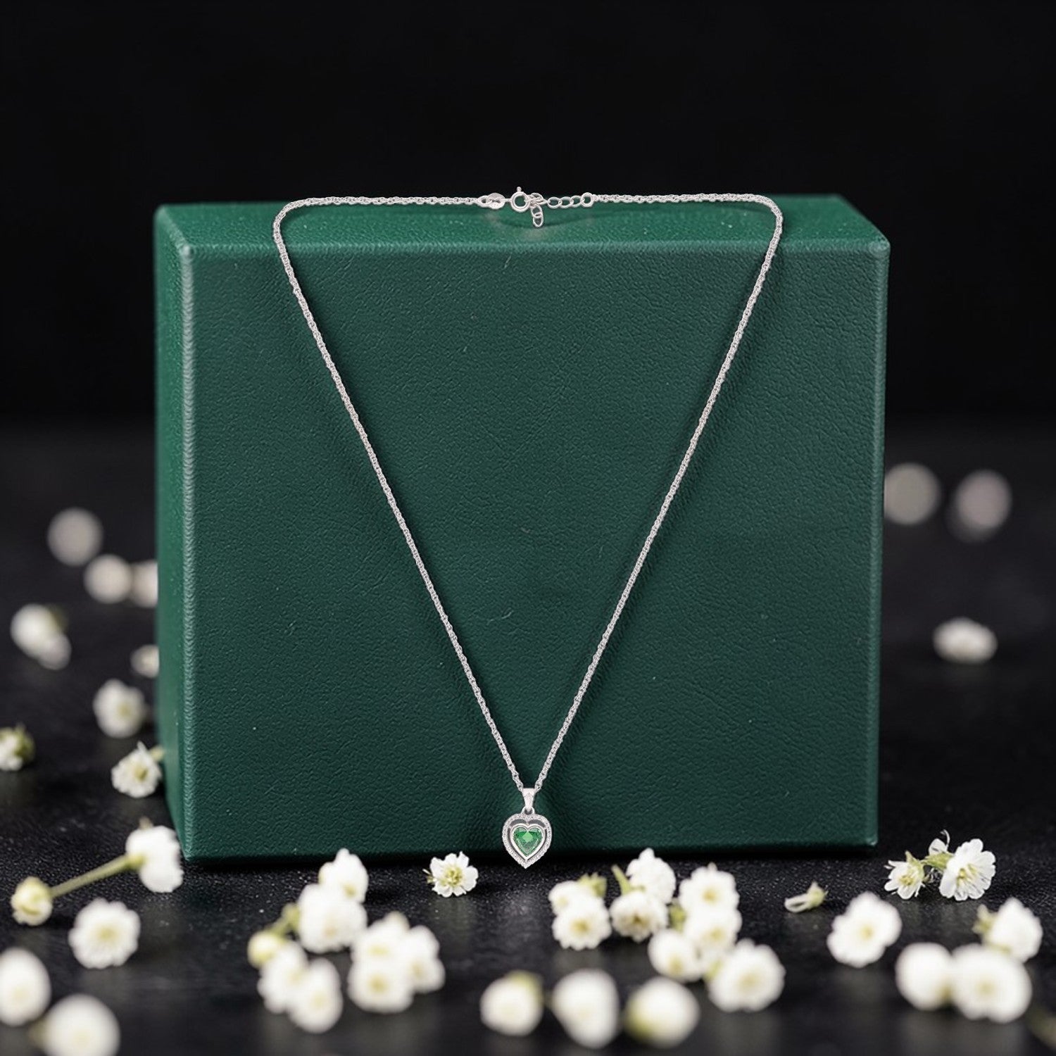 Sterling Silver Green CZ Double Halo Heart Pendant with Chain | SKU: 0022628398, 0005757336, 0005757435