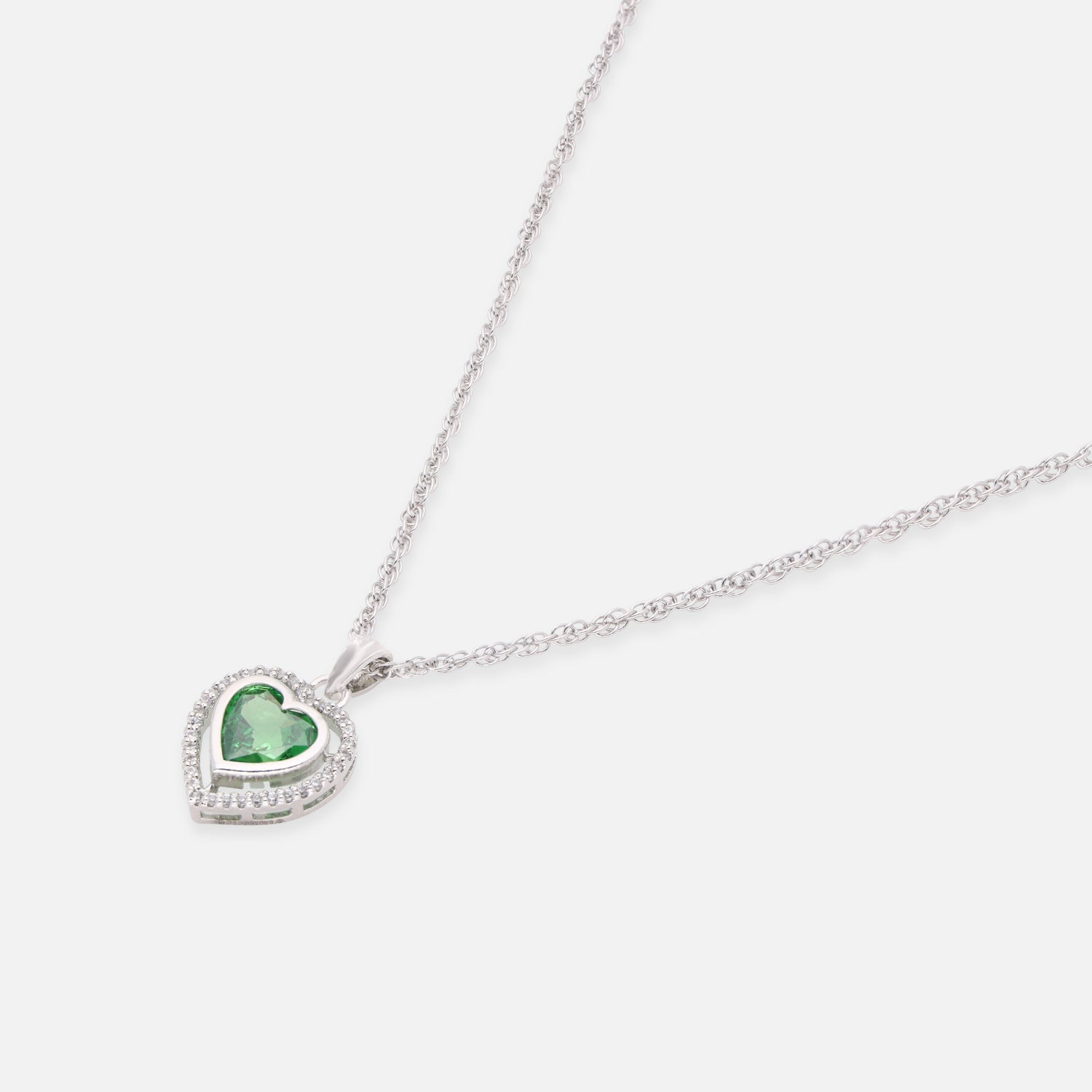 Sterling Silver Green CZ Double Halo Heart Pendant with Chain | SKU: 0022628398, 0005757336, 0005757435