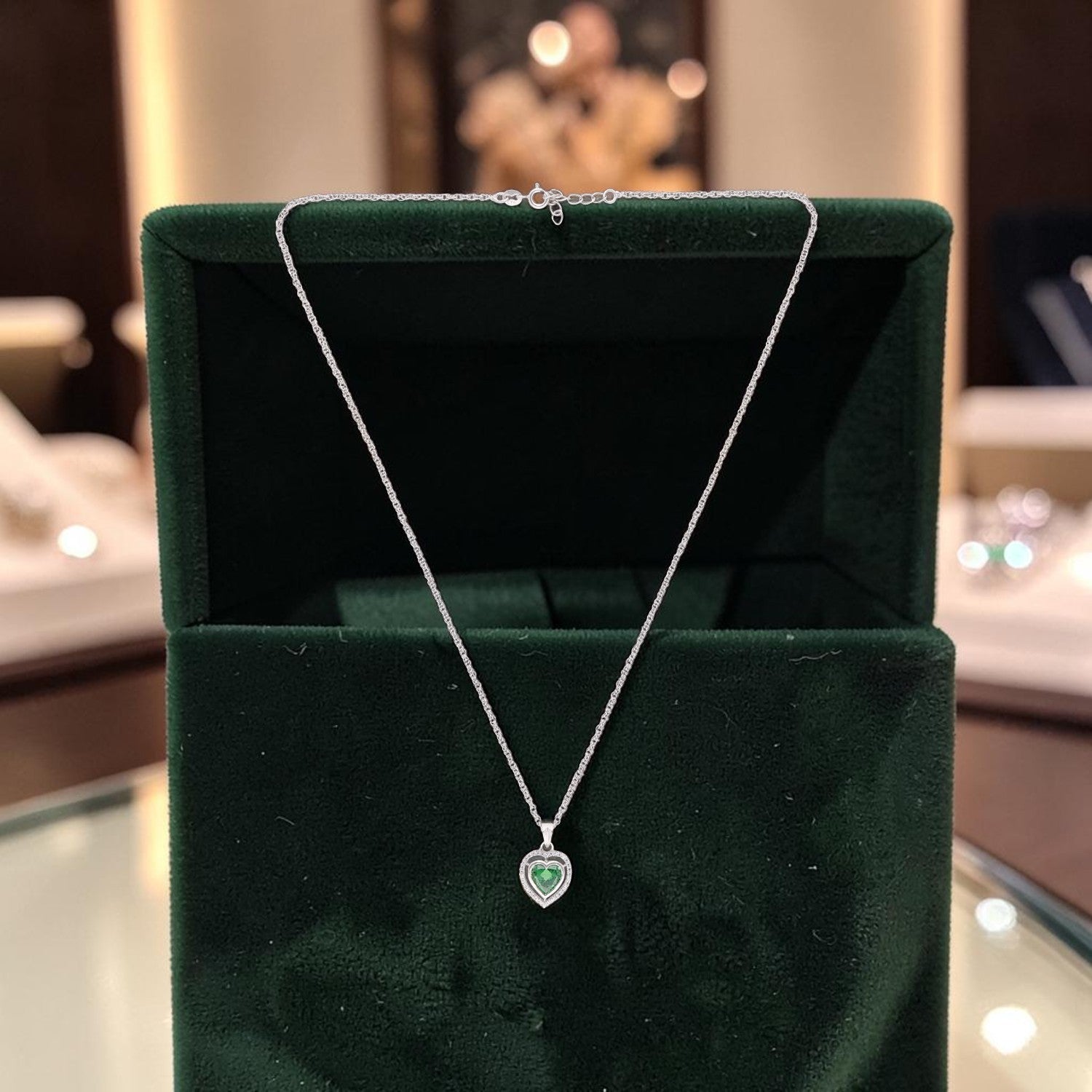 Sterling Silver Green CZ Double Halo Heart Pendant with Chain | SKU: 0022628398, 0005757336, 0005757435