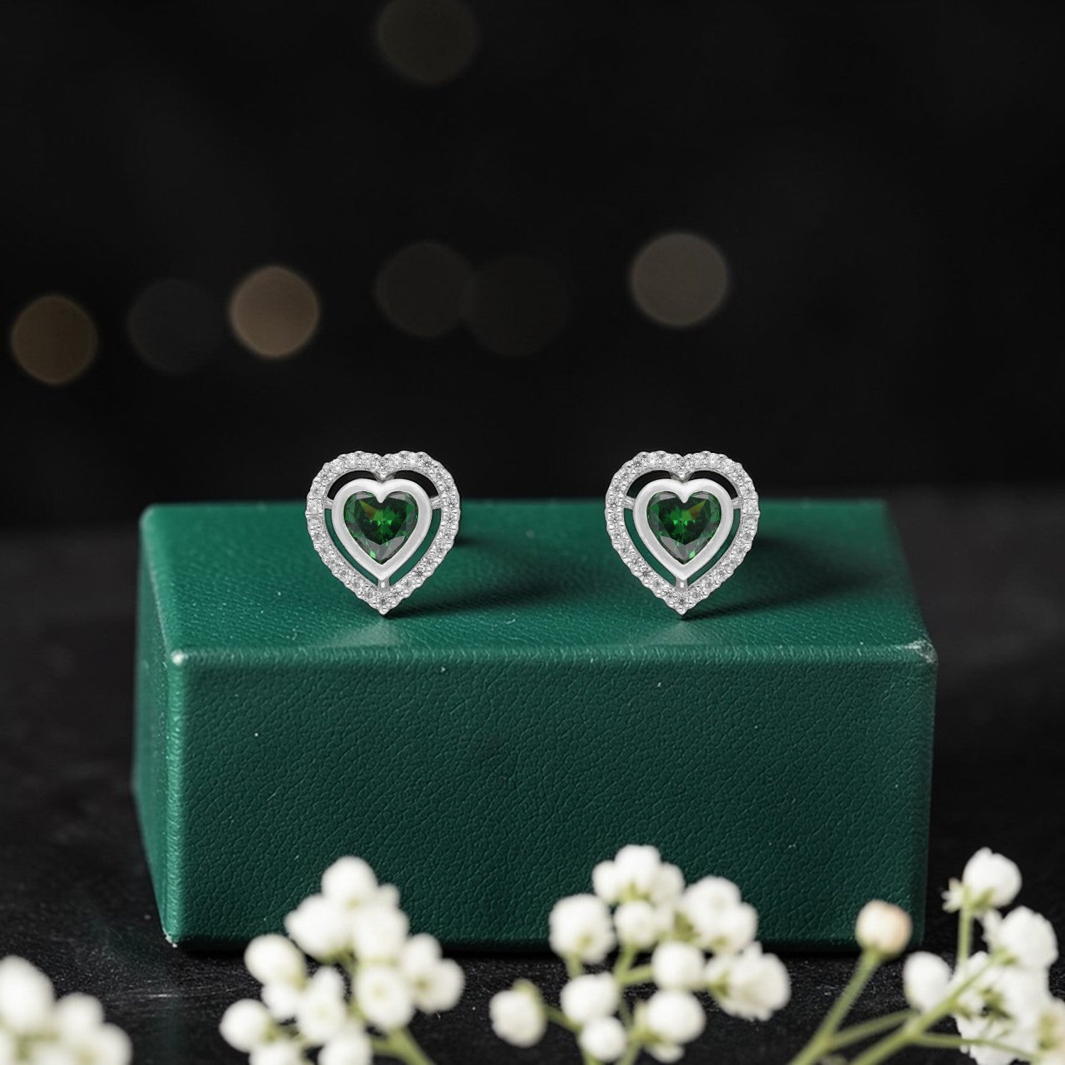 Sterling Silver Green Heart Cubic Zirconia Halo Stud Earrings | SKU: 0022628404, 0005757442, 0005757343