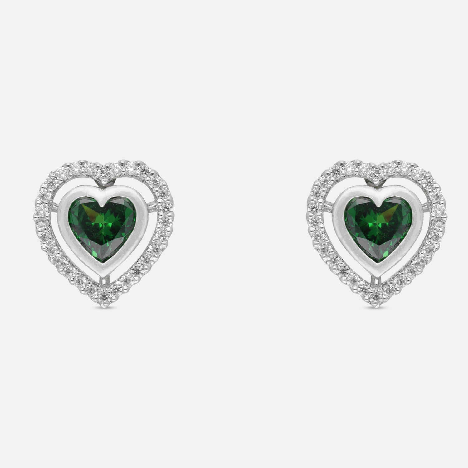 Sterling Silver Green Heart Cubic Zirconia Halo Stud Earrings | SKU: 0022628404, 0005757442, 0005757343