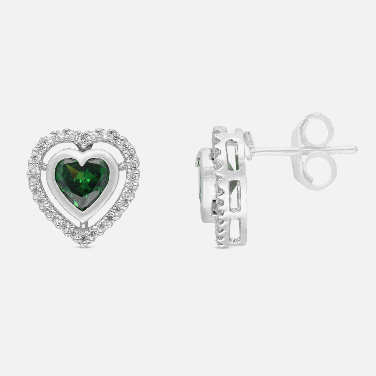 Sterling Silver Green Heart Cubic Zirconia Halo Stud Earrings | SKU: 0022628404, 0005757442, 0005757343