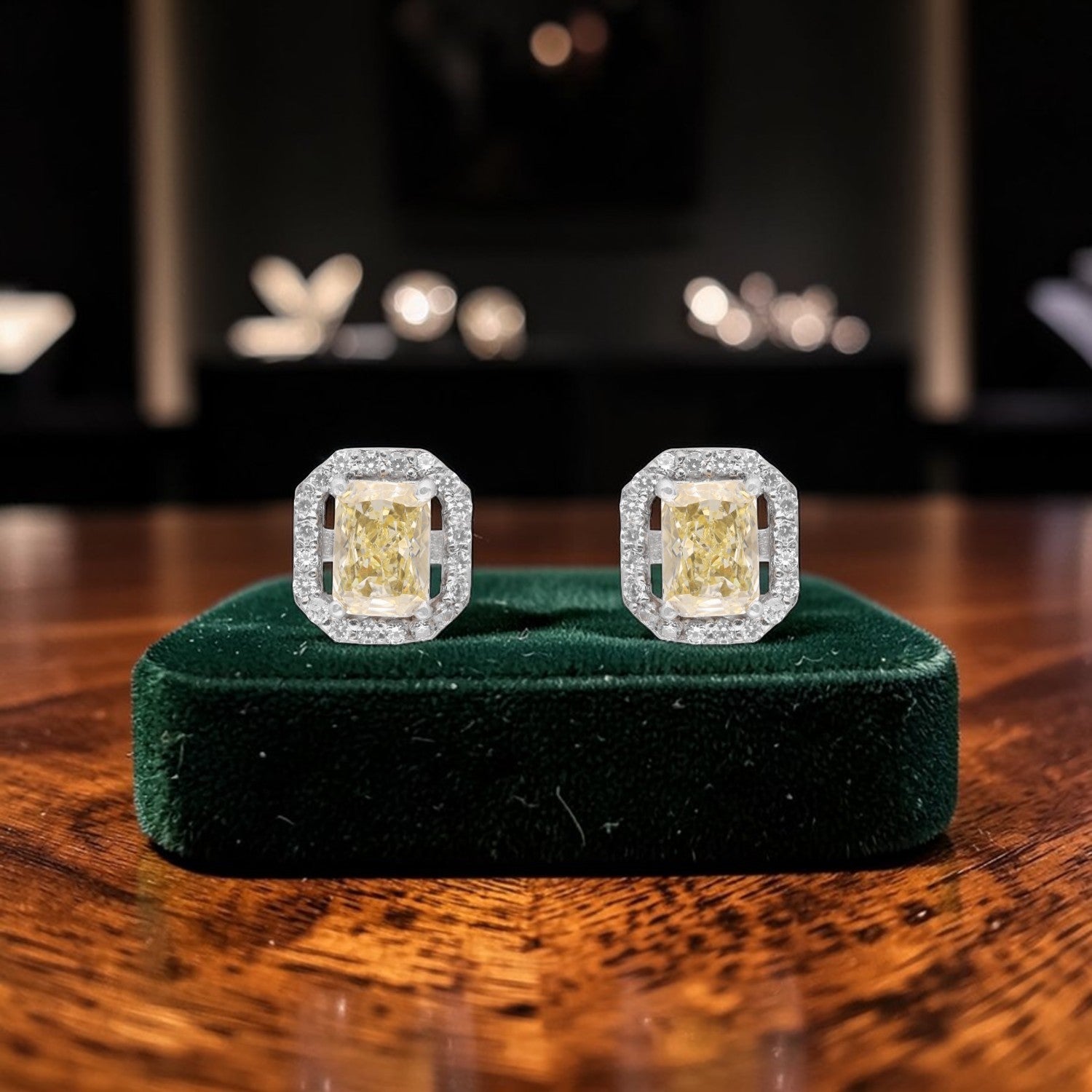 Sterling Silver Champagne Yellow Cushion Cut Halo Stud Earrings | SKU: 0022628497