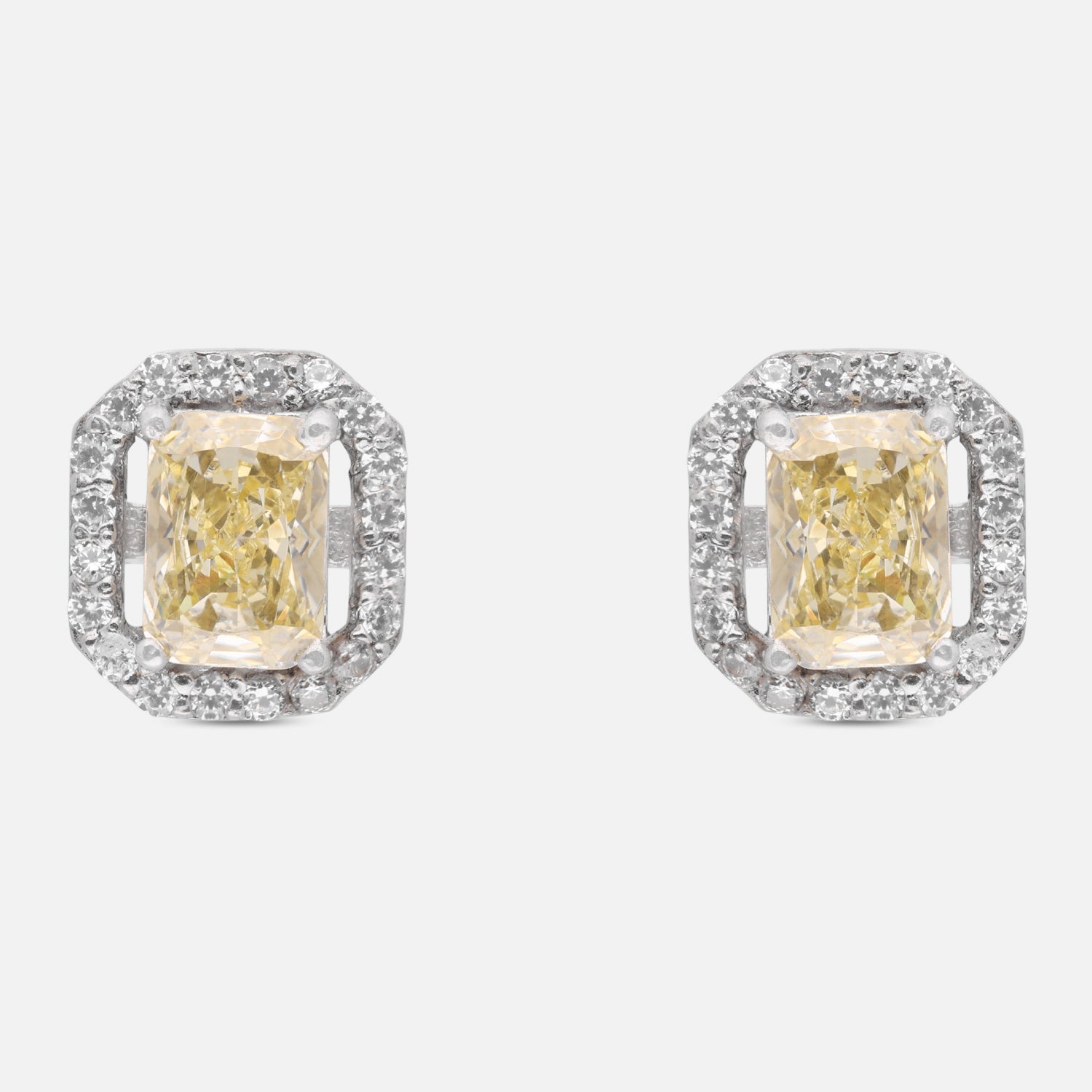 Sterling Silver Champagne Yellow Cushion Cut Halo Stud Earrings | SKU: 0022628497