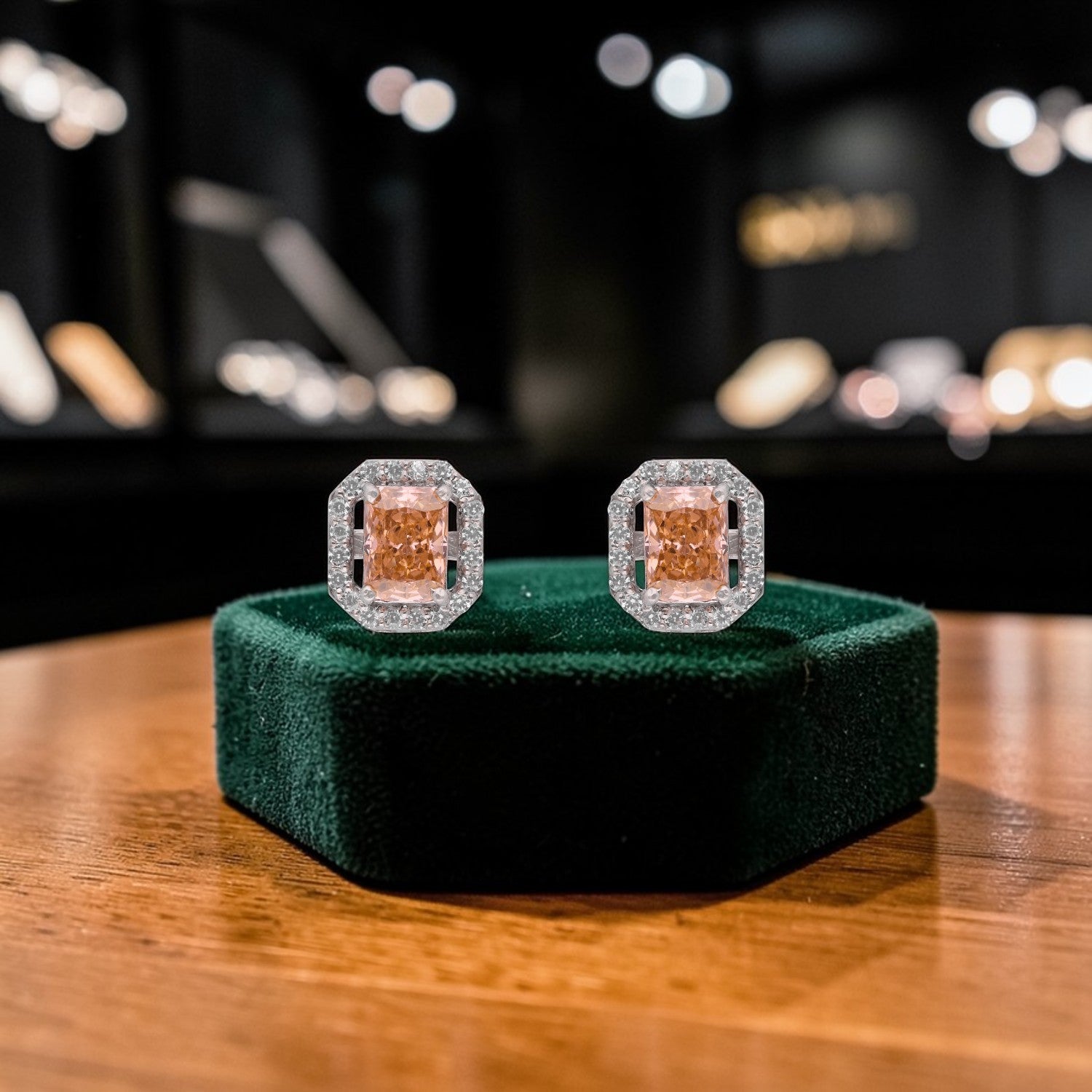 Sterling Silver Peach Cushion Cut Halo Stud Earrings | SKU: 0022628503, 0005750146
