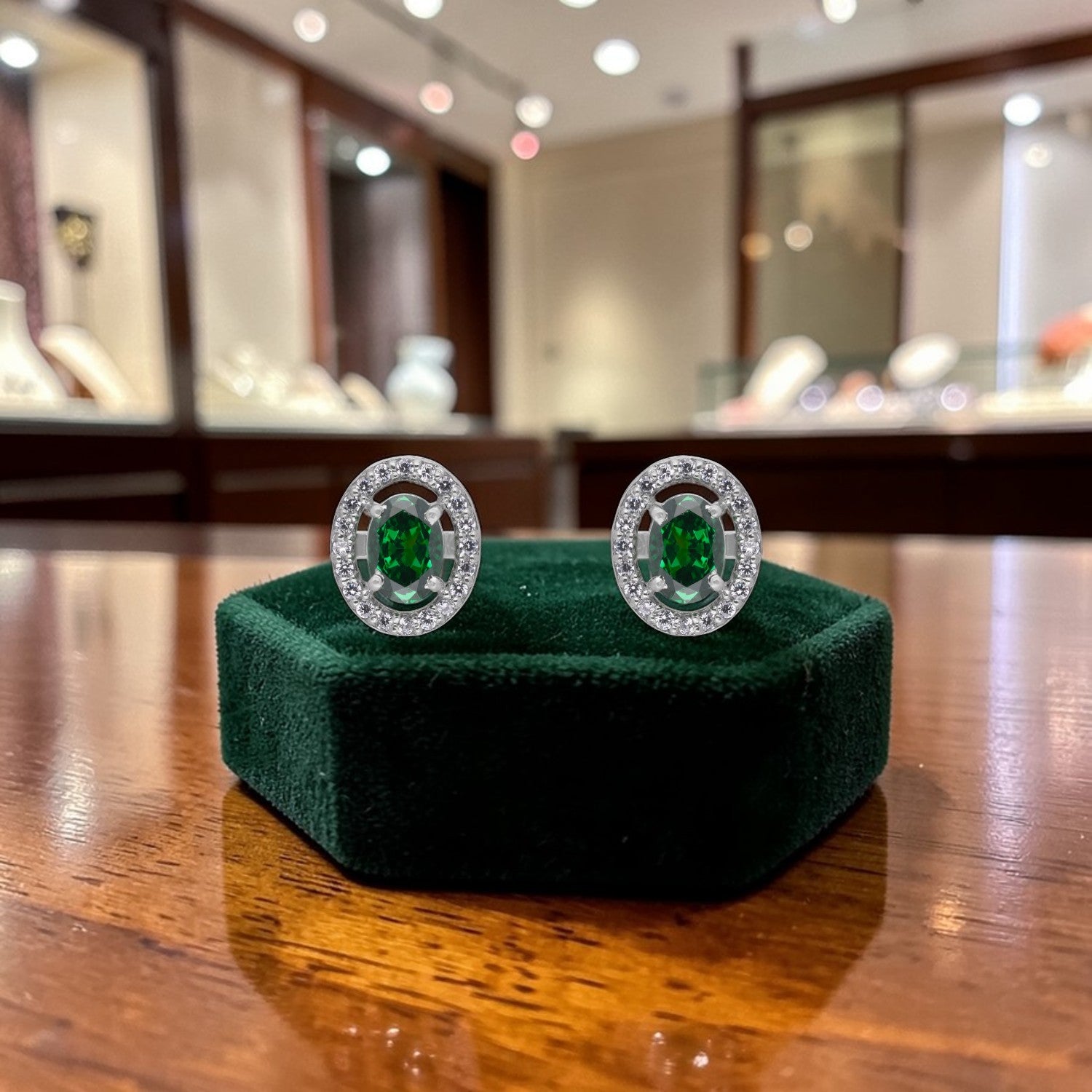Green Oval Halo Cubic Zirconia Stud Earrings in Sterling Silver | SKU: 0022628510