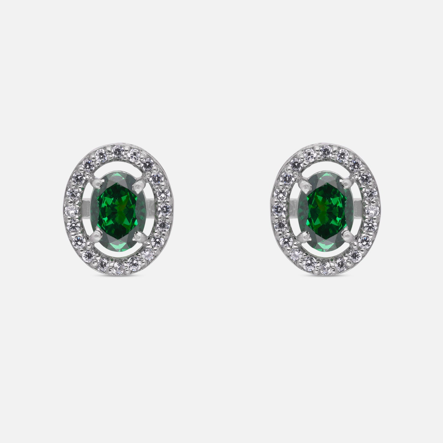 Green Oval Halo Cubic Zirconia Stud Earrings in Sterling Silver | SKU: 0022628510