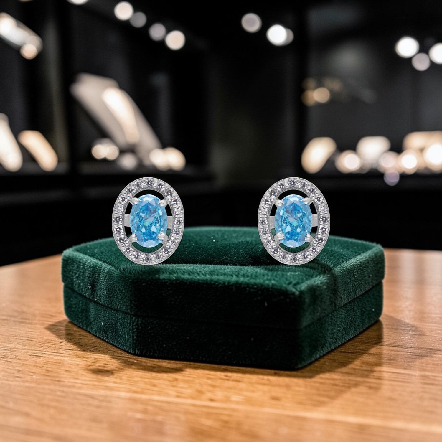 Blue Oval Halo Cubic Zirconia Stud Earrings in Sterling Silver | SKU: 0022628527