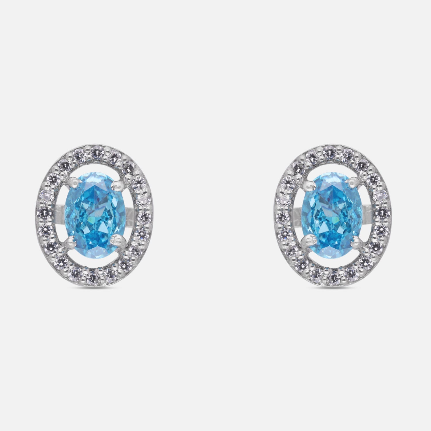 Blue Oval Halo Cubic Zirconia Stud Earrings in Sterling Silver | SKU: 0022628527