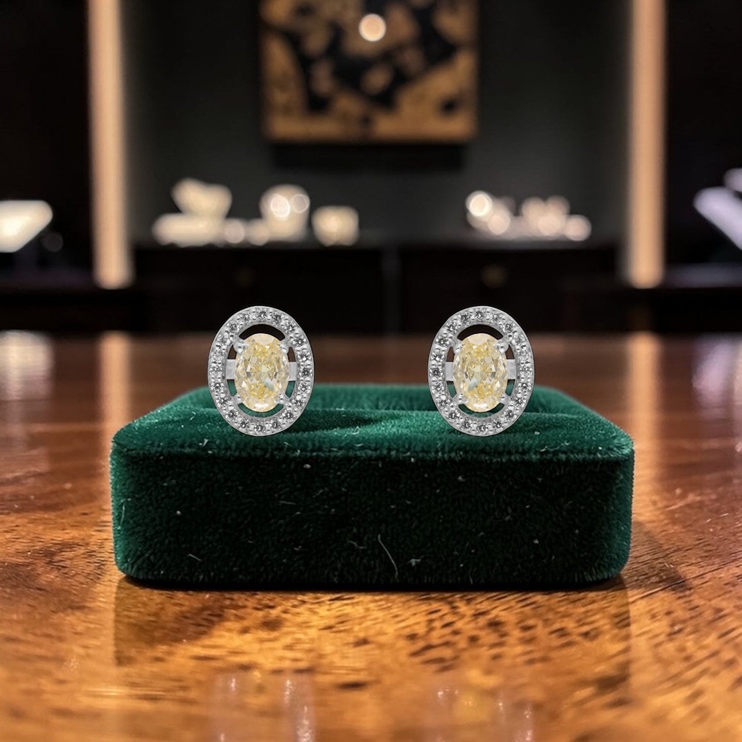 Yellow Oval Halo Cubic Zirconia Stud Earrings in Sterling Silver | SKU: 0022628534