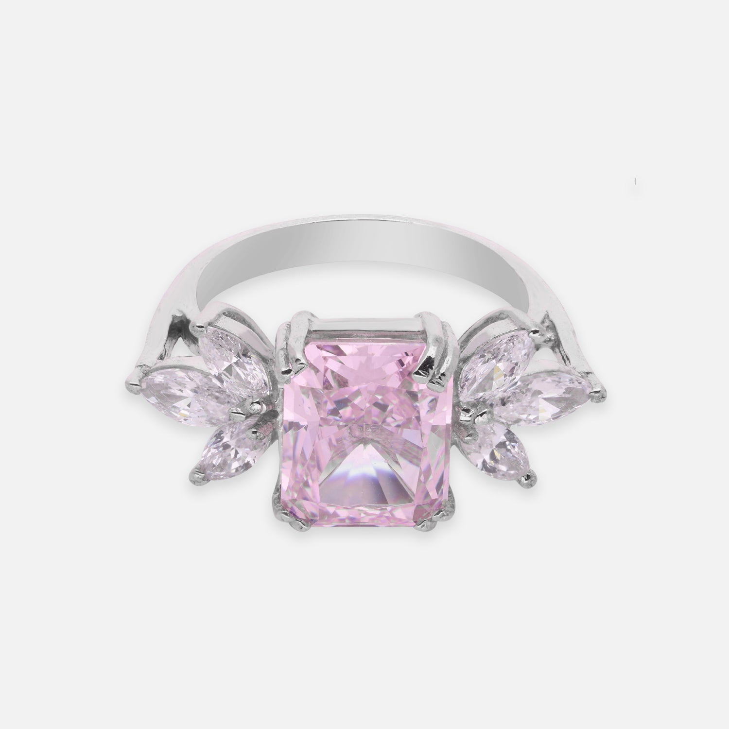 Elegant Sterling Silver Rectangular Pink Cubic Zirconia Ring with Marquise CZ Accents | SKU: 0022628916, 0022628930