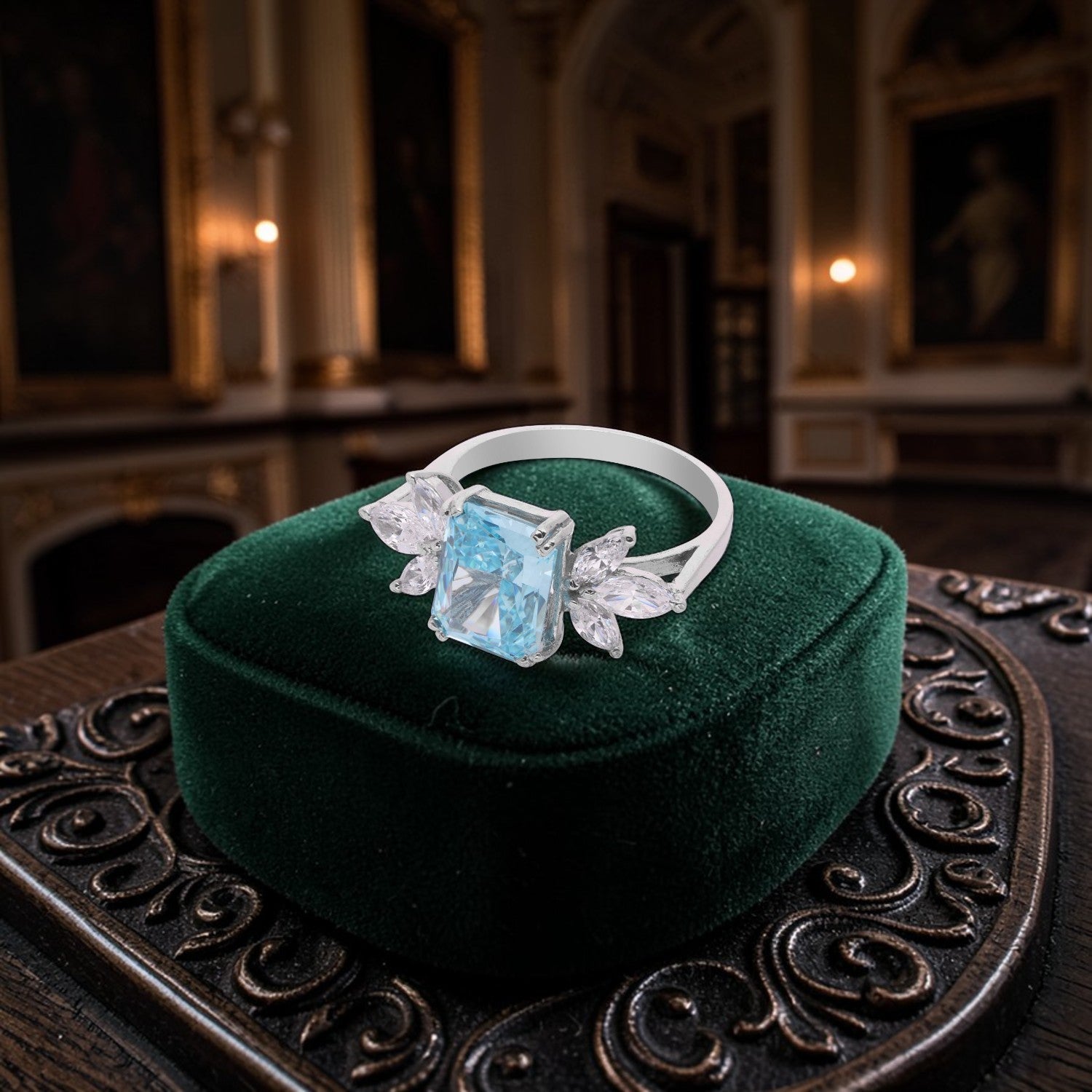 Elegant Sterling Silver Rectangular Blue Cubic Zirconia Ring with Marquise CZ Accents | SKU: 0022628923, 0005757992, 0005758005