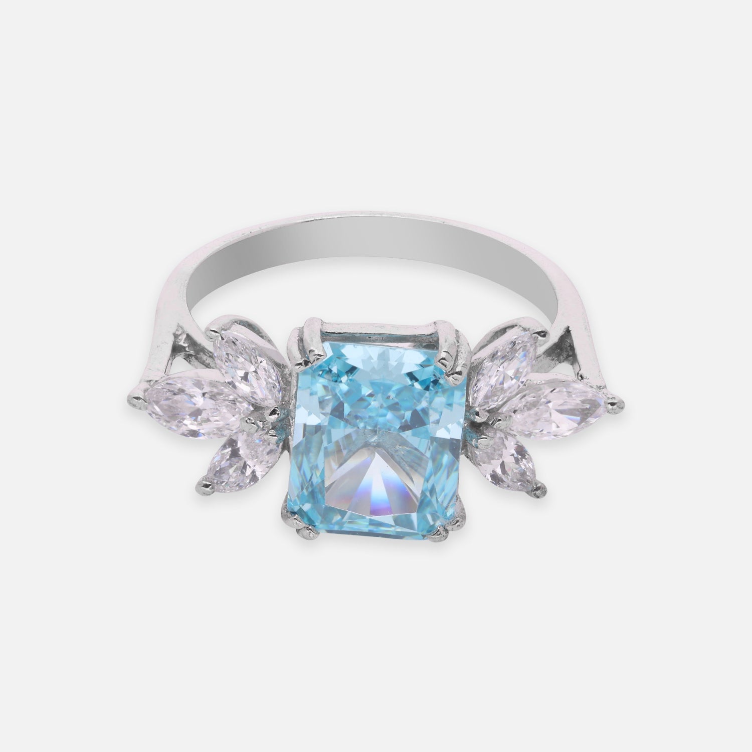 Elegant Sterling Silver Rectangular Blue Cubic Zirconia Ring with Marquise CZ Accents | SKU: 0022628923, 0005757992, 0005758005