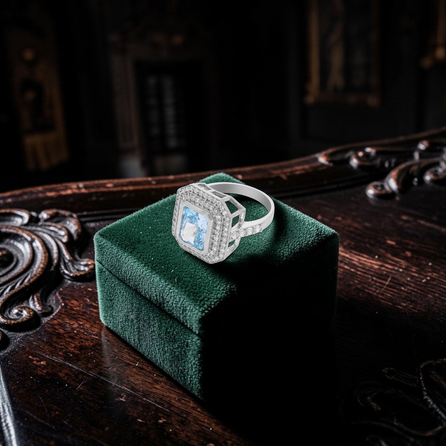 Sterling Silver Sky Blue CZ Octagon Halo Statement Ring | SKU: 0022629043, 0005758074