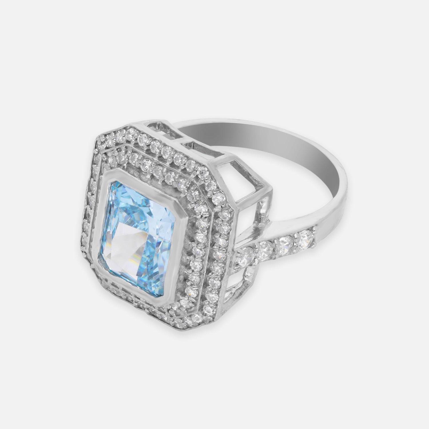 Sterling Silver Sky Blue CZ Octagon Halo Statement Ring | SKU: 0022629043, 0005758074