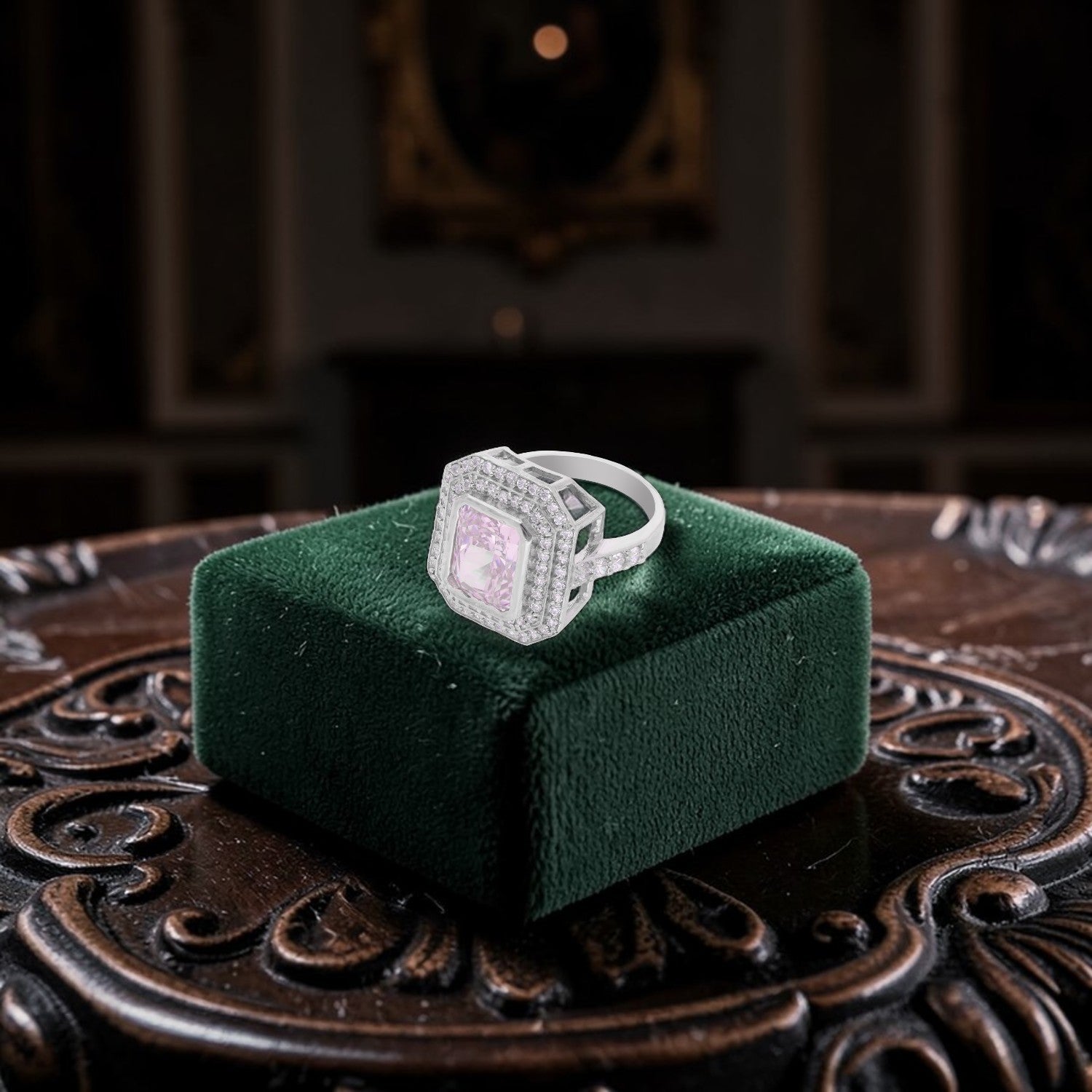 Elegant Sterling Silver Octagonal Halo Ring with Pink Cubic Zirconia & CZ Accents | SKU: 0022629050, 0005750665, 0005758050