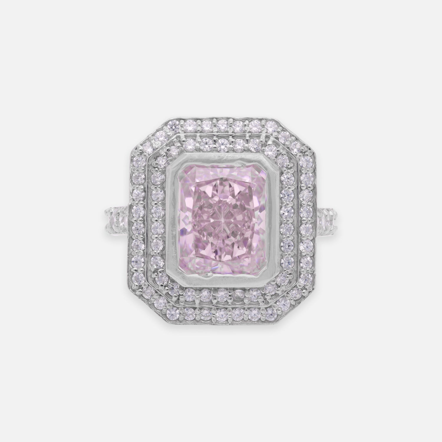 Elegant Sterling Silver Octagonal Halo Ring with Pink Cubic Zirconia & CZ Accents | SKU: 0022629050, 0005750665, 0005758050