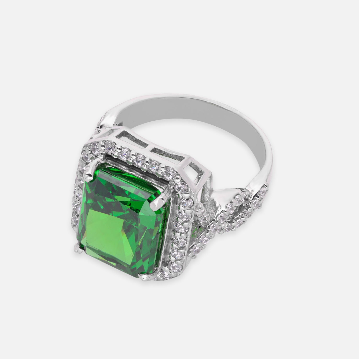 Sterling Silver Green Cushion Cut Cubic Zirconia Halo Statement Ring | SKU: 0022629128, 0005750719, 0005748143