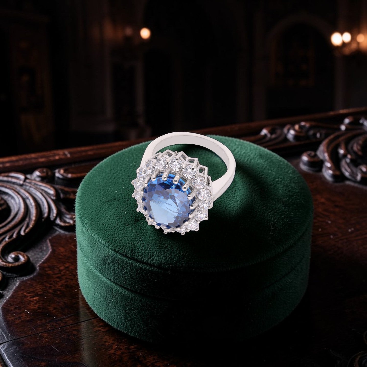 Sterling Silver Deep Blue Oval Cubic Zirconia Halo Statement Ring | SKU: 0022629159