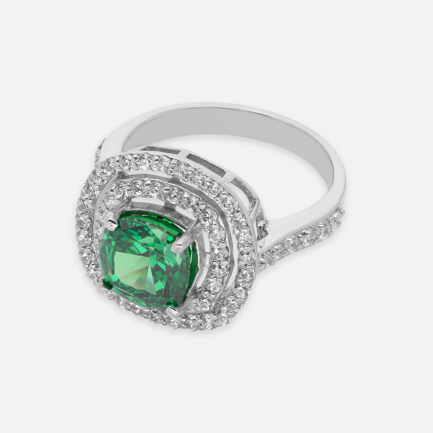 Sterling Silver Green Cushion Cut Cubic Zirconia Halo Statement Ring | SKU: 0022629180, 0005758180, 0005750795