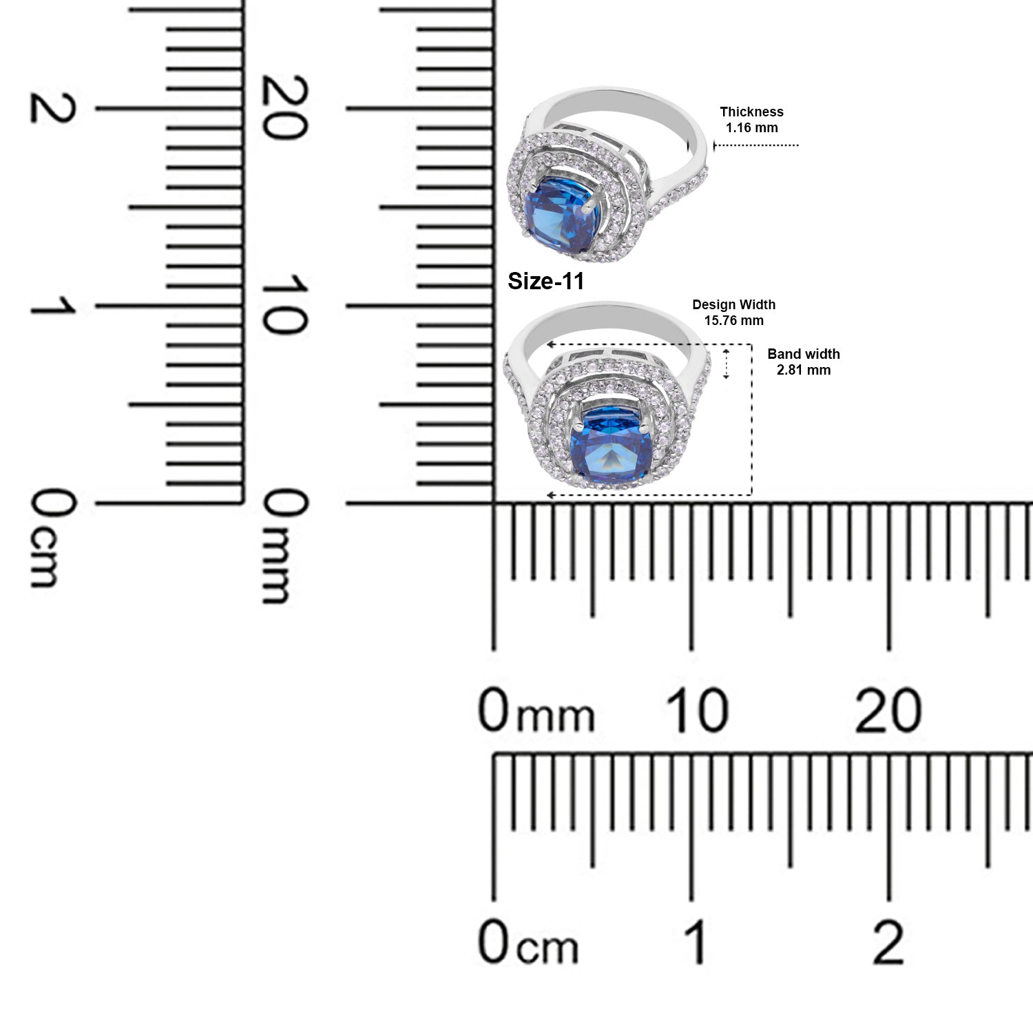 Sterling Silver Blue Cushion Cut Cubic Zirconia Double Halo Statement Ring | SKU: 0022629203, 0022629258, 0005750771