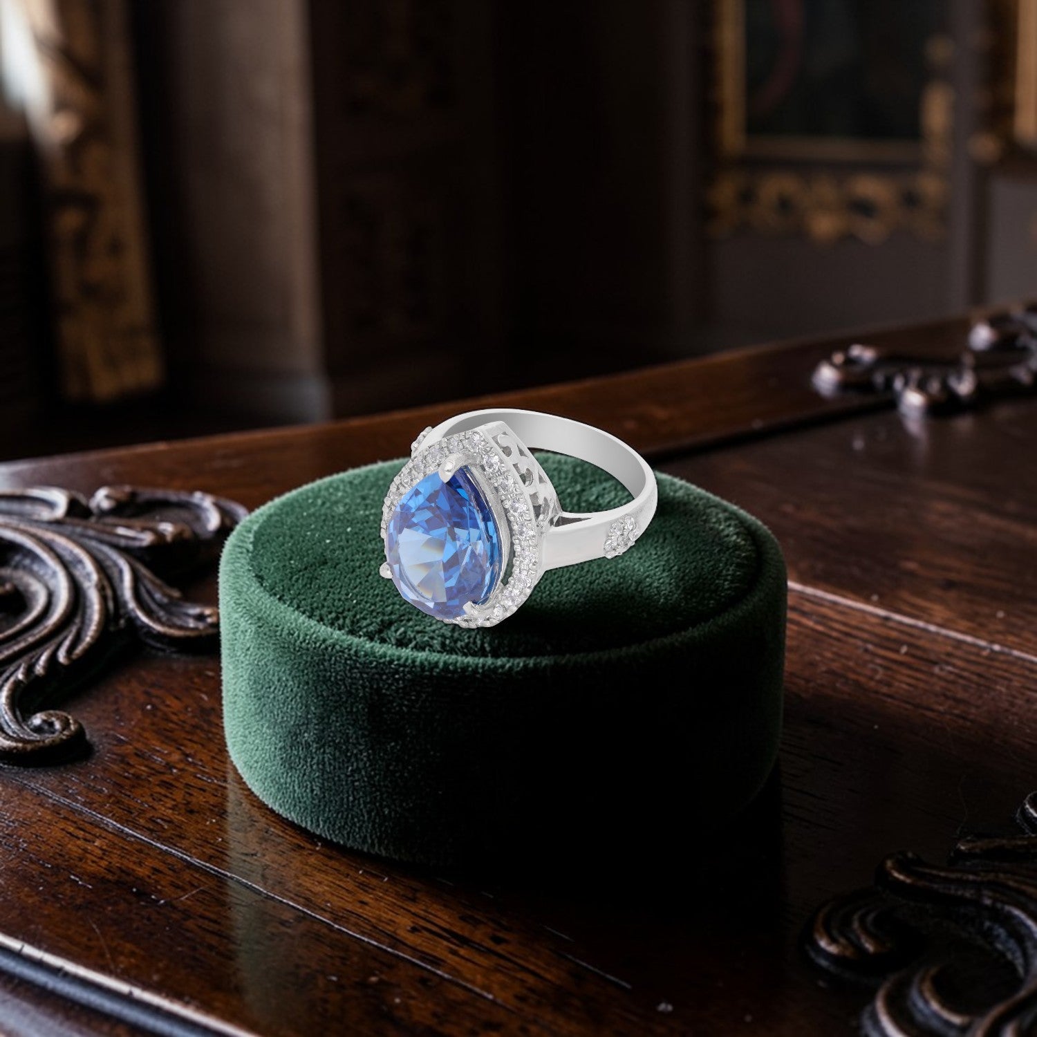 Sterling Silver Royal Blue CZ Pear Halo Statement Ring | SKU: 0022629272, 0005750863, 0005758241
