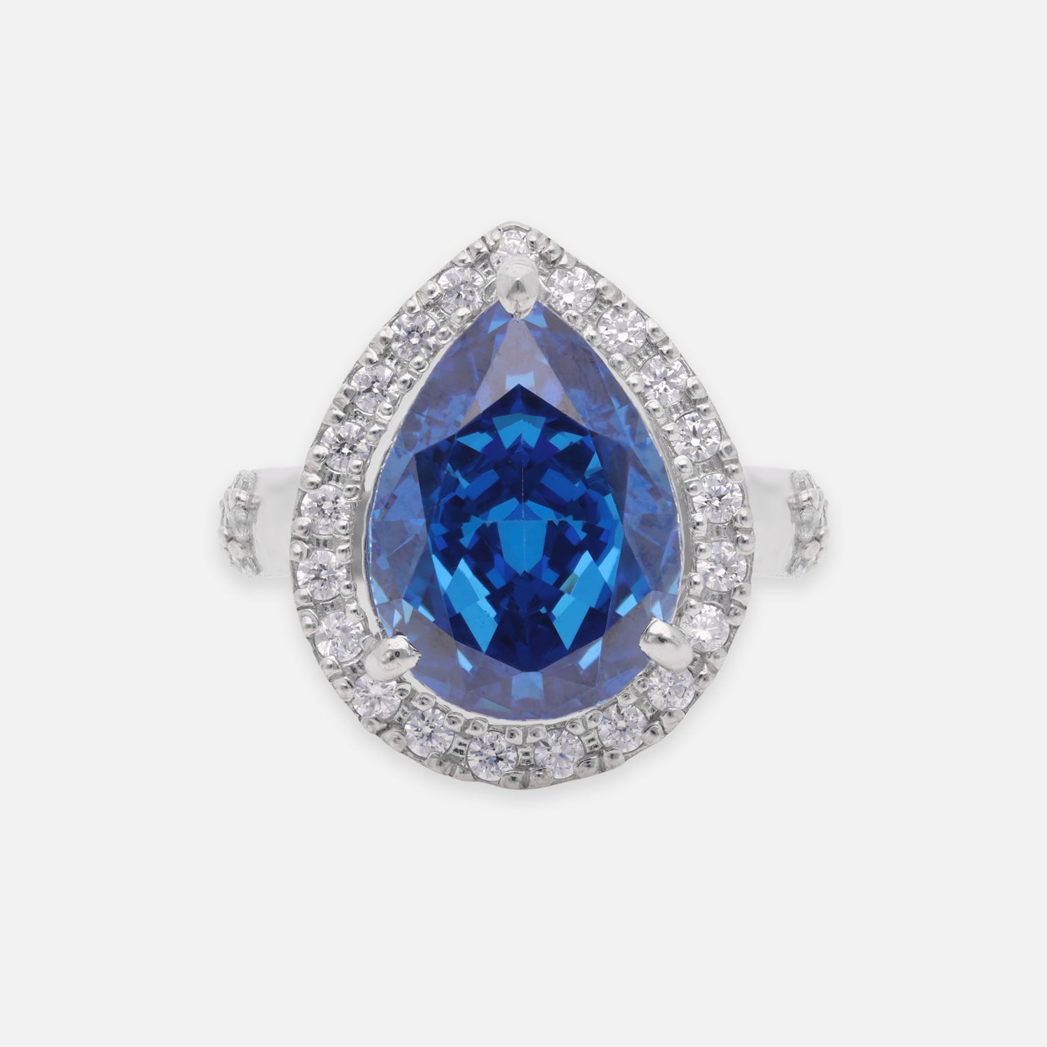 Sterling Silver Royal Blue CZ Pear Halo Statement Ring | SKU: 0022629272, 0005750863, 0005758241