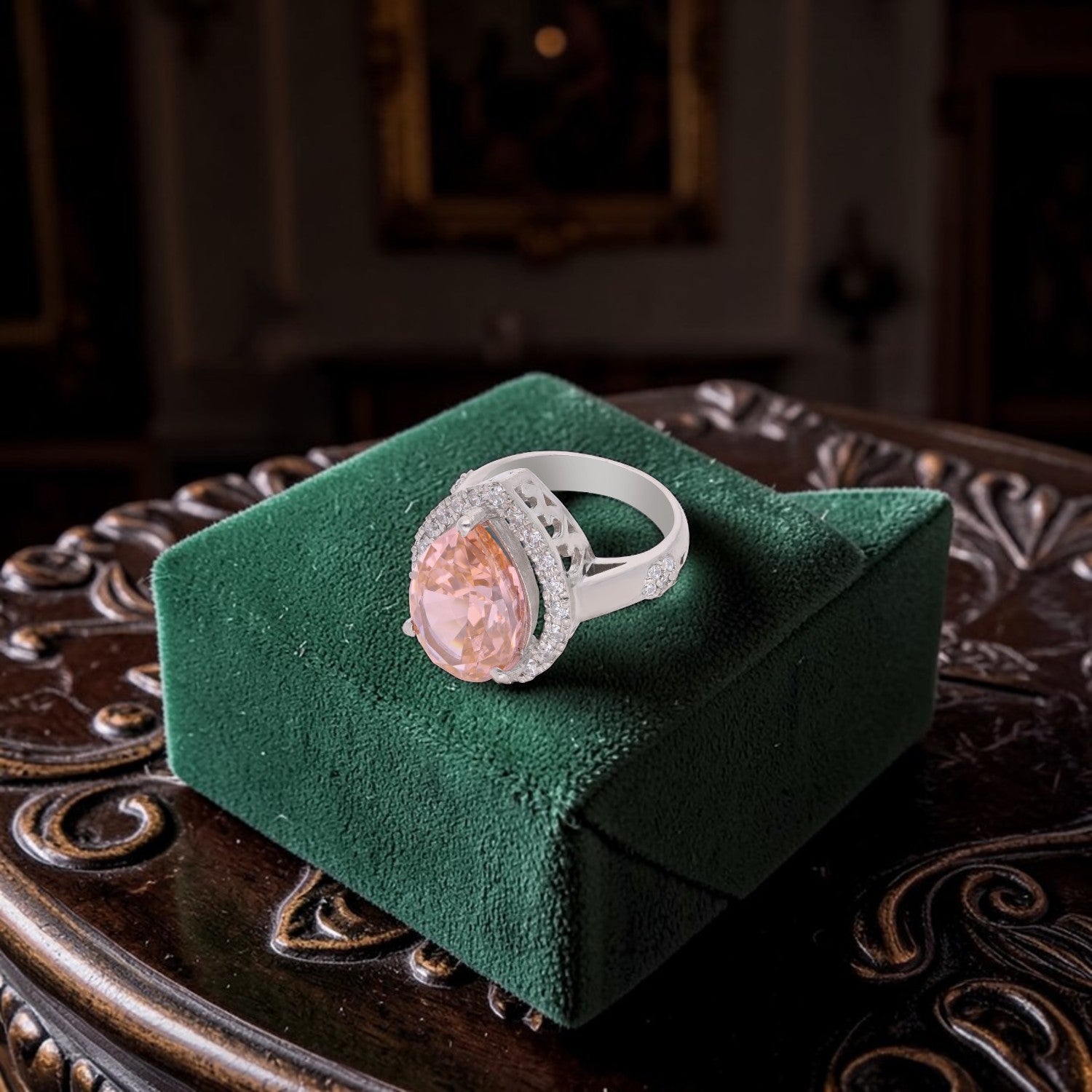 Sterling Silver Peach Cubic Zircon Pear Halo Statement Ring | SKU: 0022629289, 0005750825