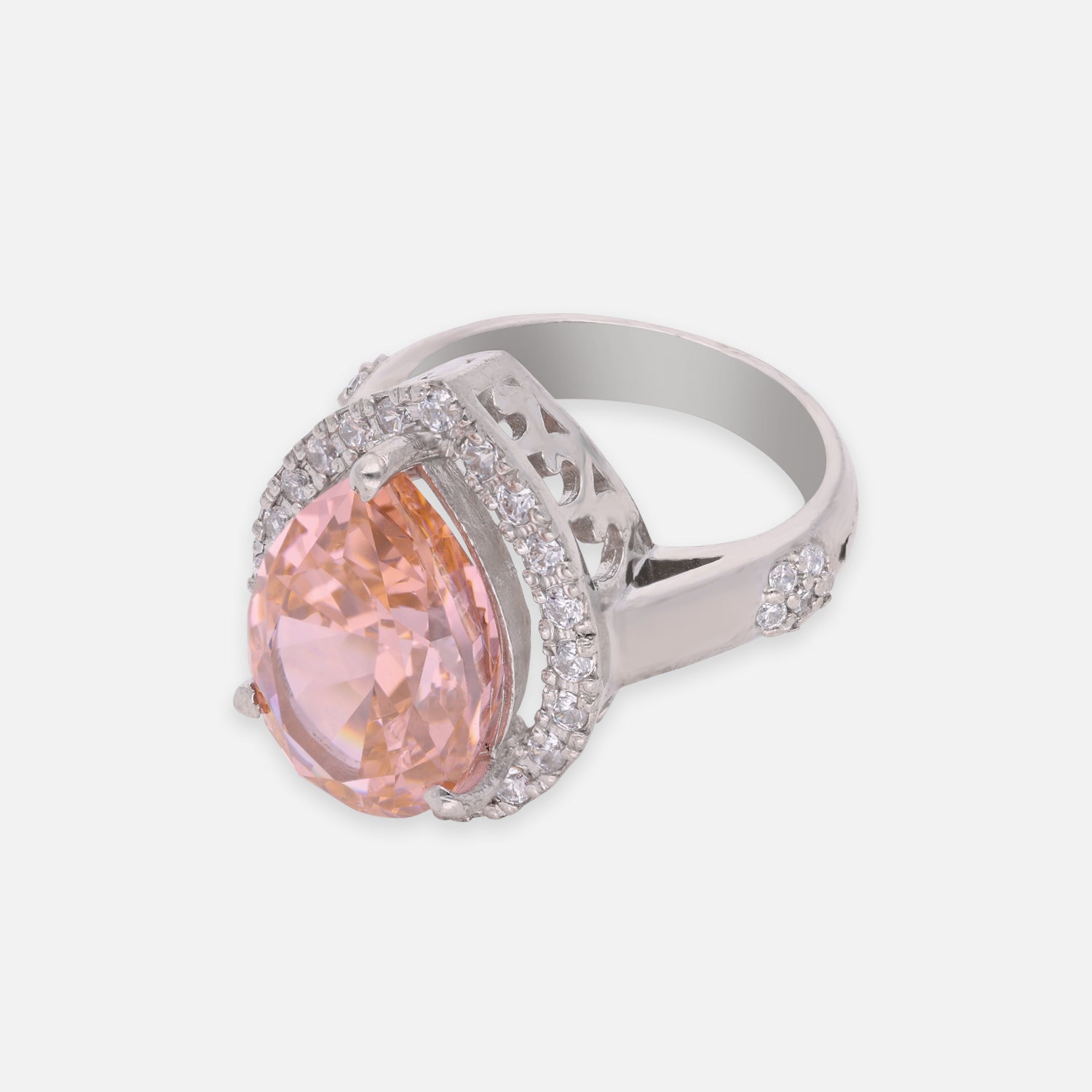 Sterling Silver Peach Cubic Zircon Pear Halo Statement Ring | SKU: 0022629289, 0005750825