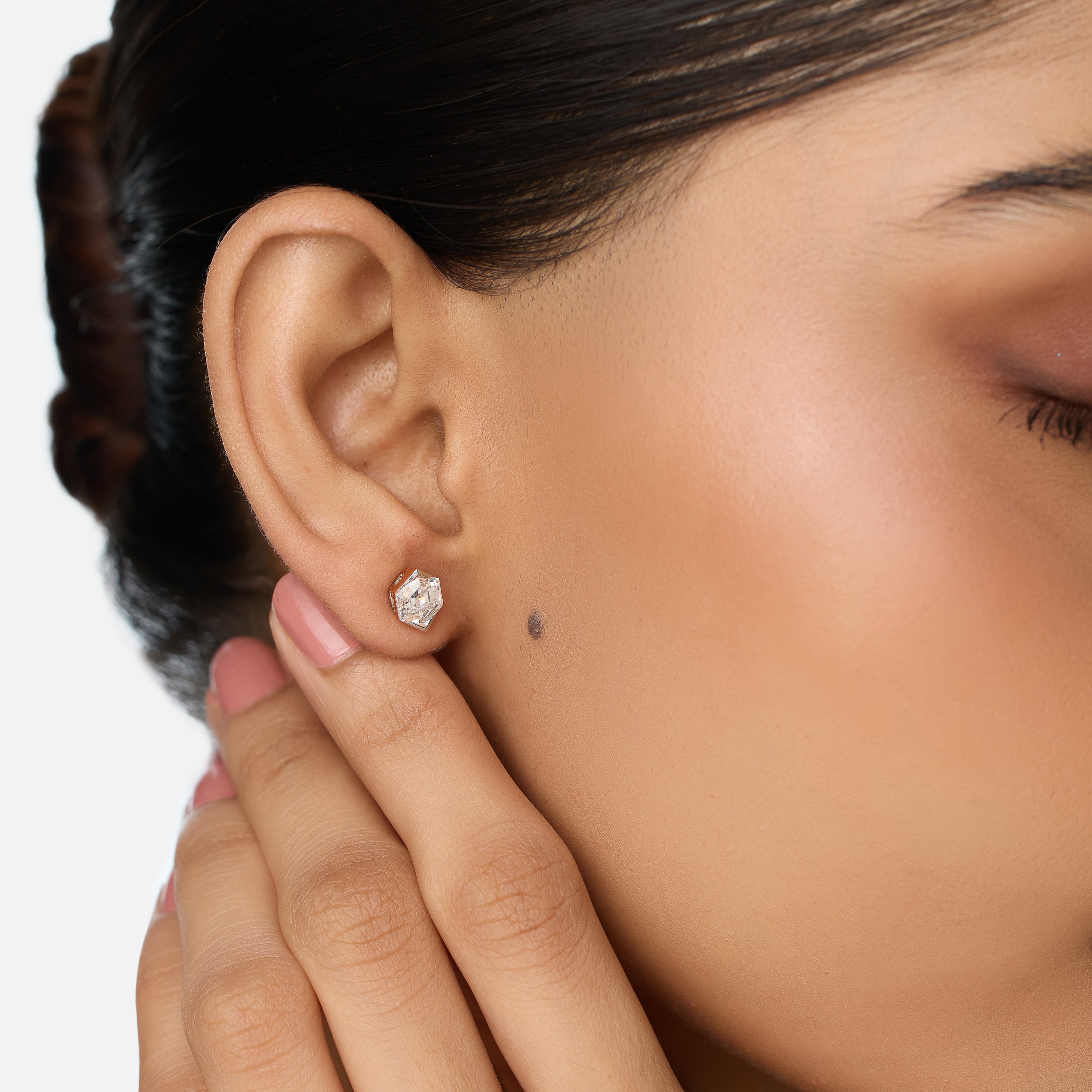 Hexagon Brilliant-Cut 2.110 Carat Lab-Grown Diamond Gold Stud Earrings in a Sleek Geometric Setting | SKU : 0003759547