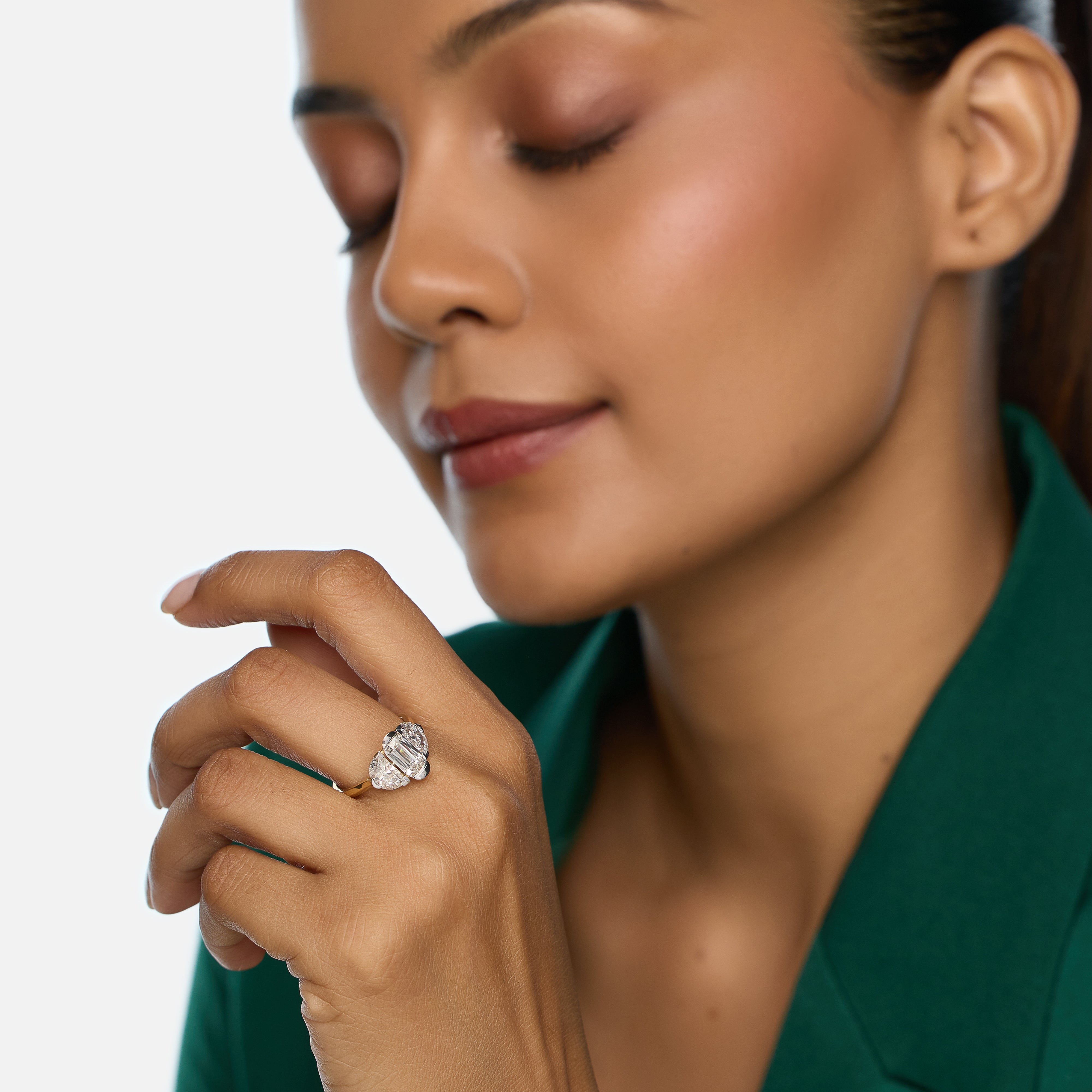Gold Ring Set with Elongated Cushion and Half-Moon Lab-Grown Diamonds | SKU : 0021923111