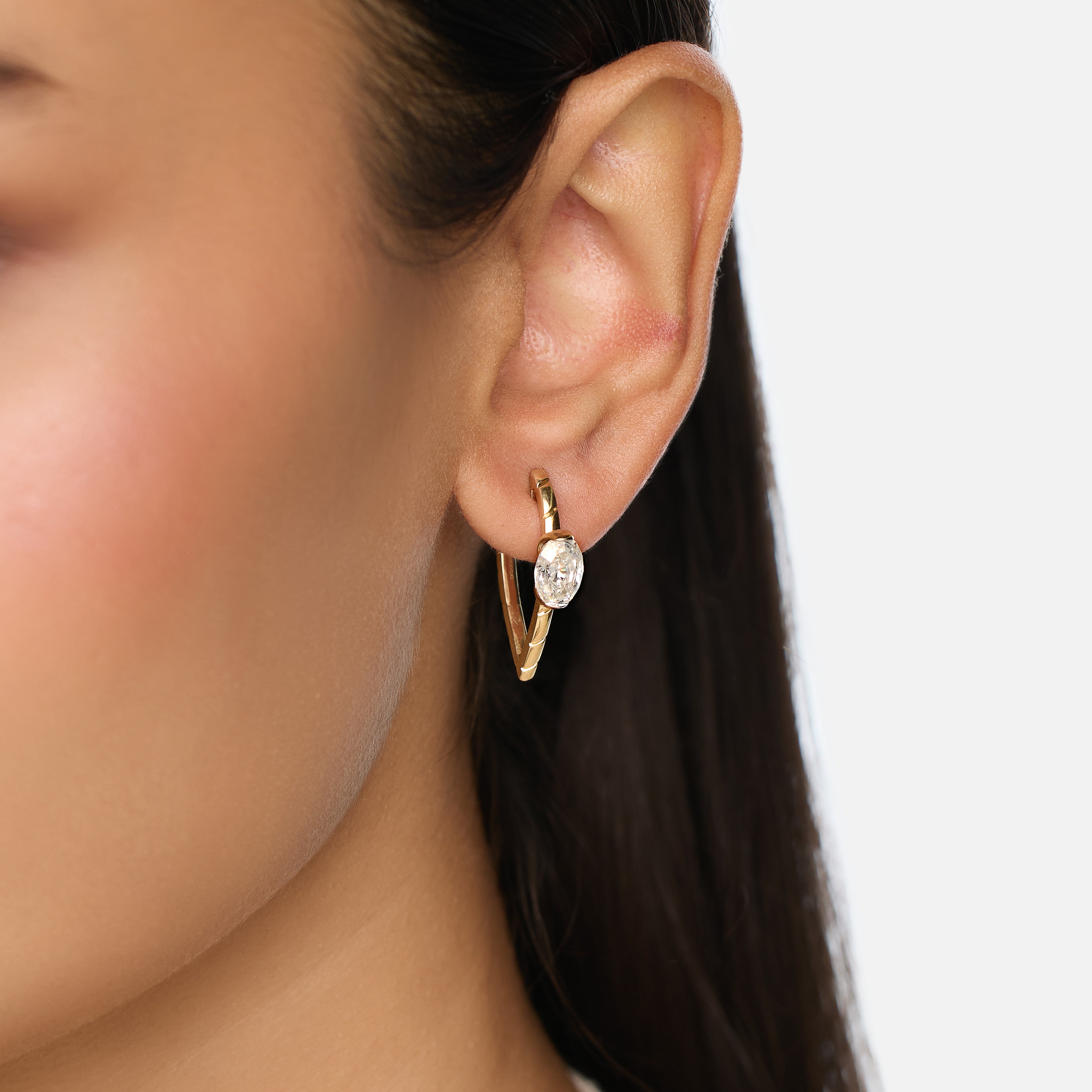 Oval Step-Cut Lab-Grown Diamond Engraved Yellow Gold Hoop Earrings | SKU : 0021918049