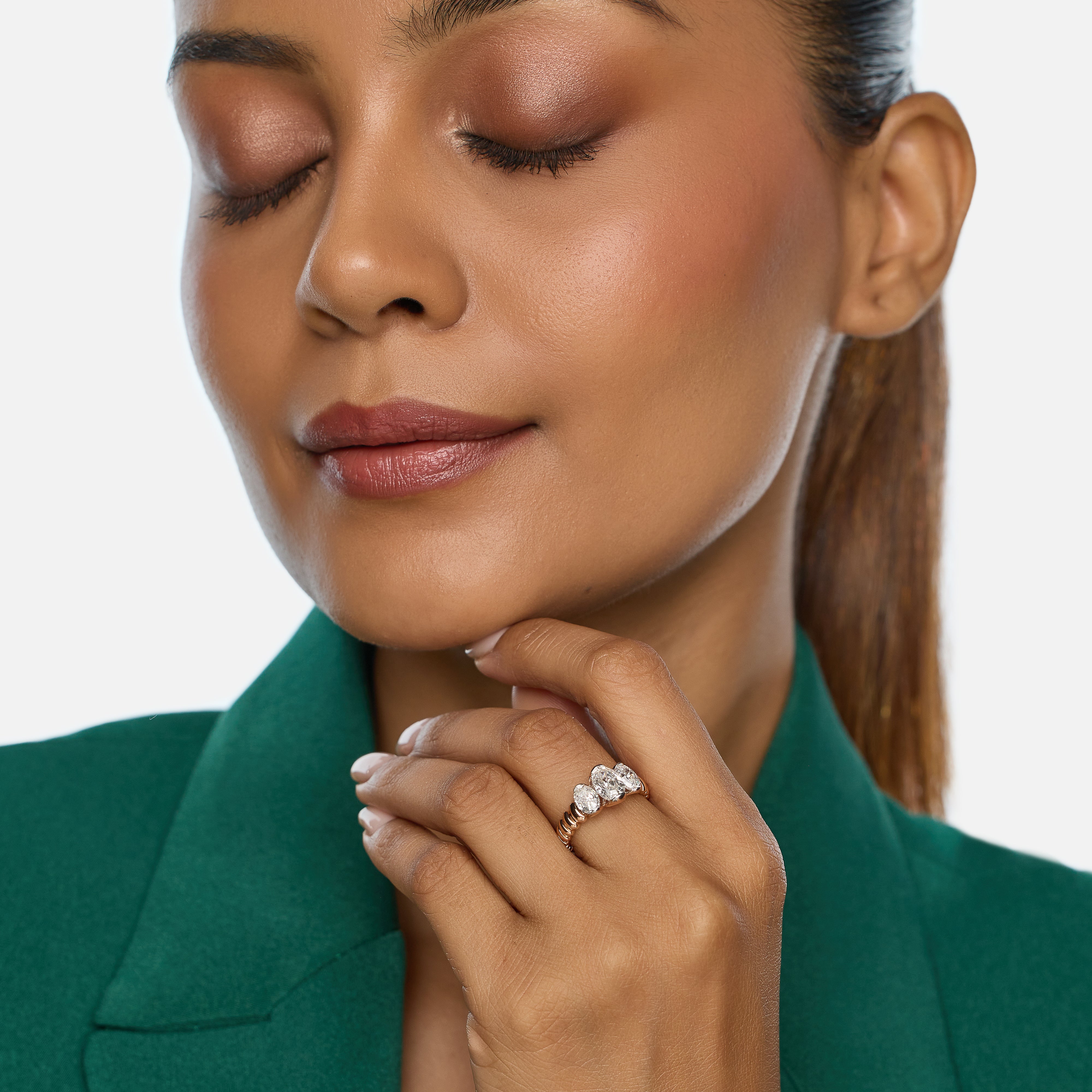 Rose Gold Textured Band Ring with Oval Step-Cut Lab-Grown Diamonds | SKU : 0003761656