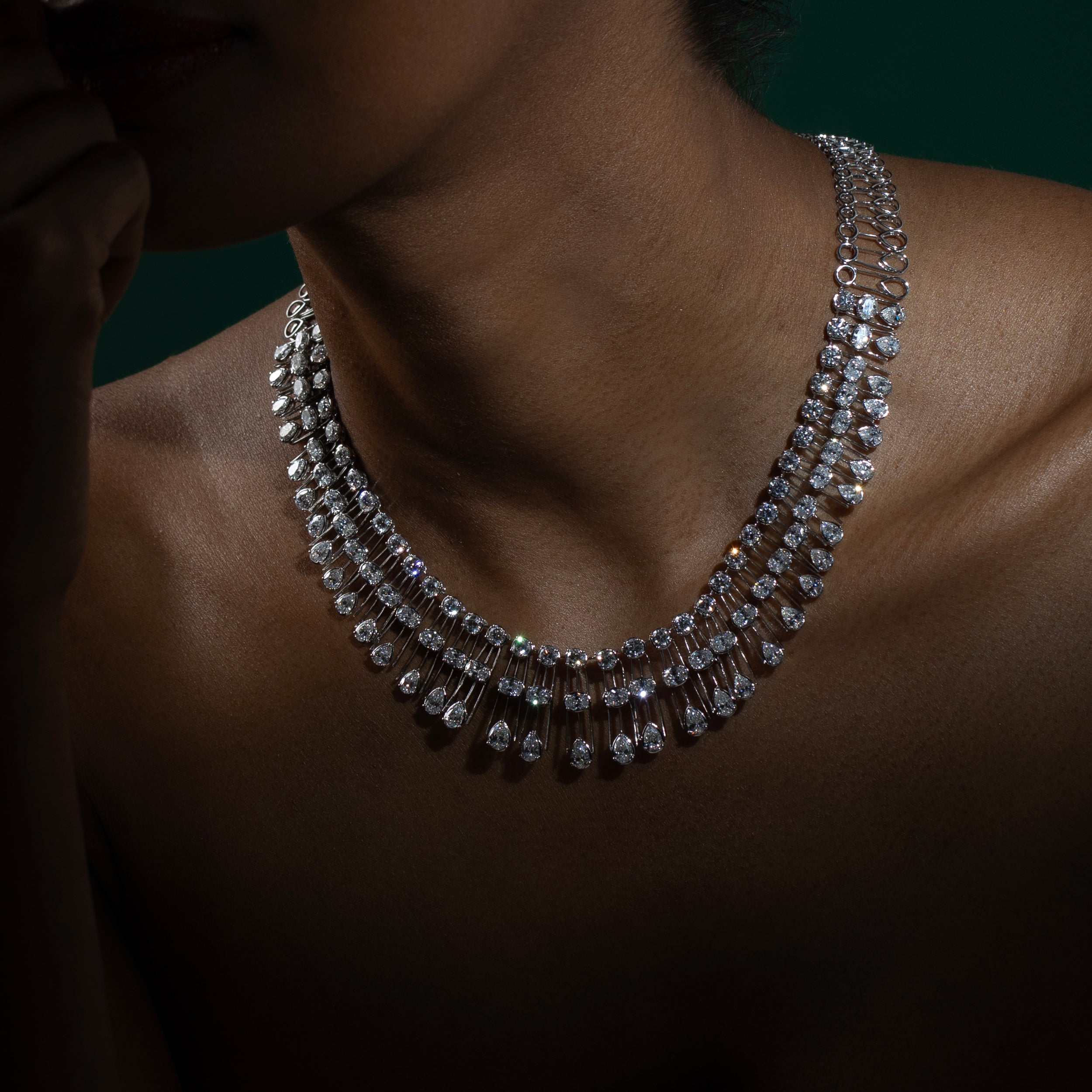 Oval-Pear-Round Brilliant Cut 26.81 Carat White Gold Grand Solitaire Lab Grown Diamond Necklace | SKU : 0019801575