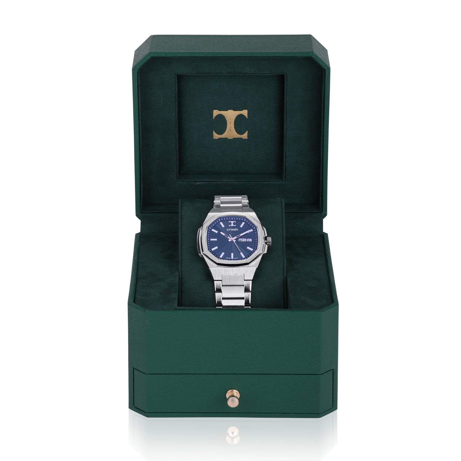 Swiss Movement Octagonal Silver Stainless Steel Watch For Men with Blue Dial by Crash | SKU : ACC2409