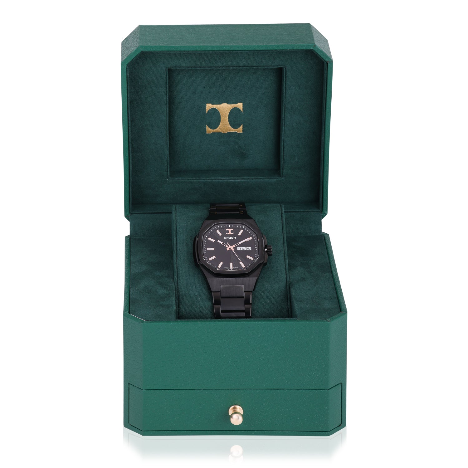 Swiss Movement Octagonal Black Stainless Steel Watch For Men with Black Dial by Crash | SKU : ACC2410