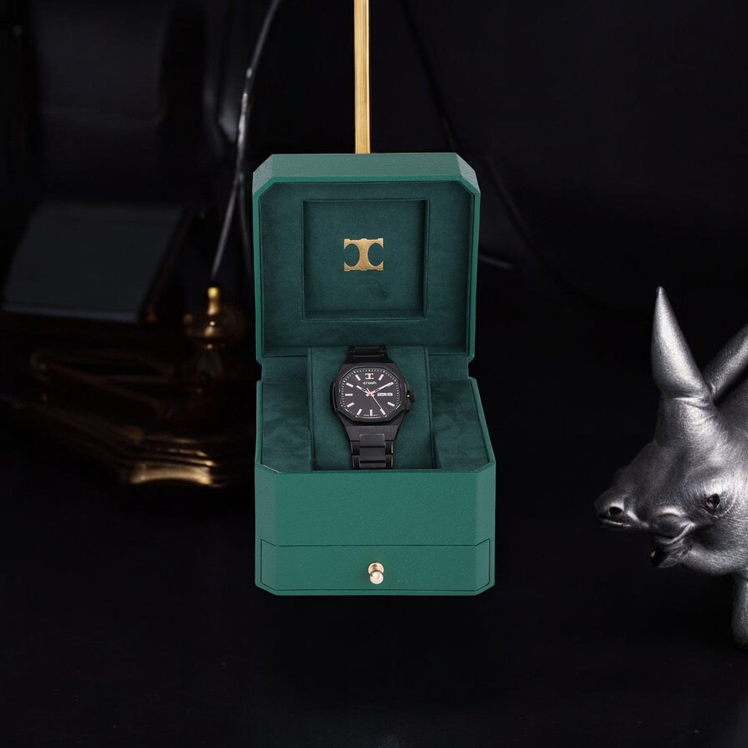 Swiss Movement Octagonal Black Stainless Steel Watch For Men with Black Dial by Crash | SKU : ACC2410