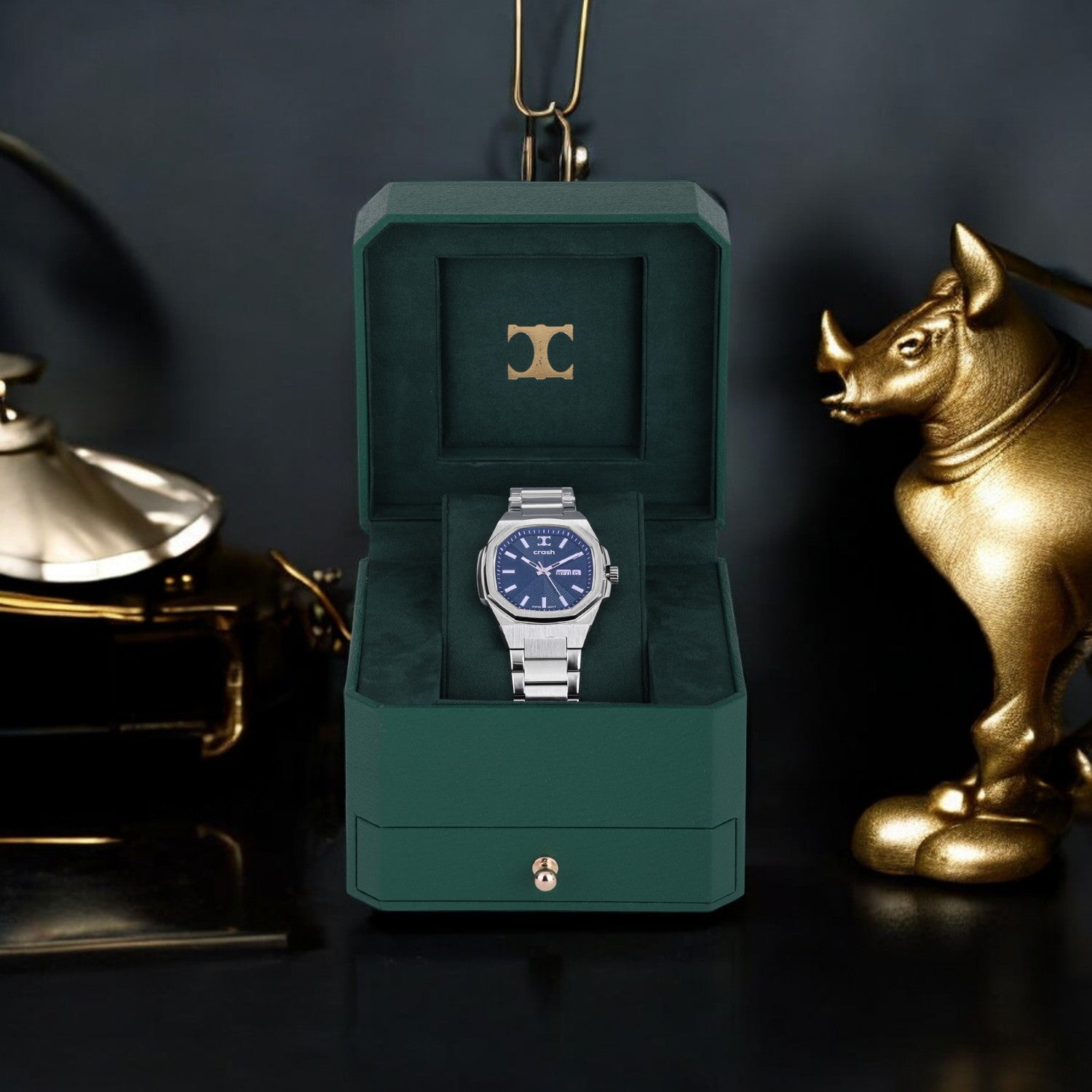 Swiss Movement Octagonal Silver Stainless Steel Watch For Men with Blue Dial by Crash | SKU : ACC2409