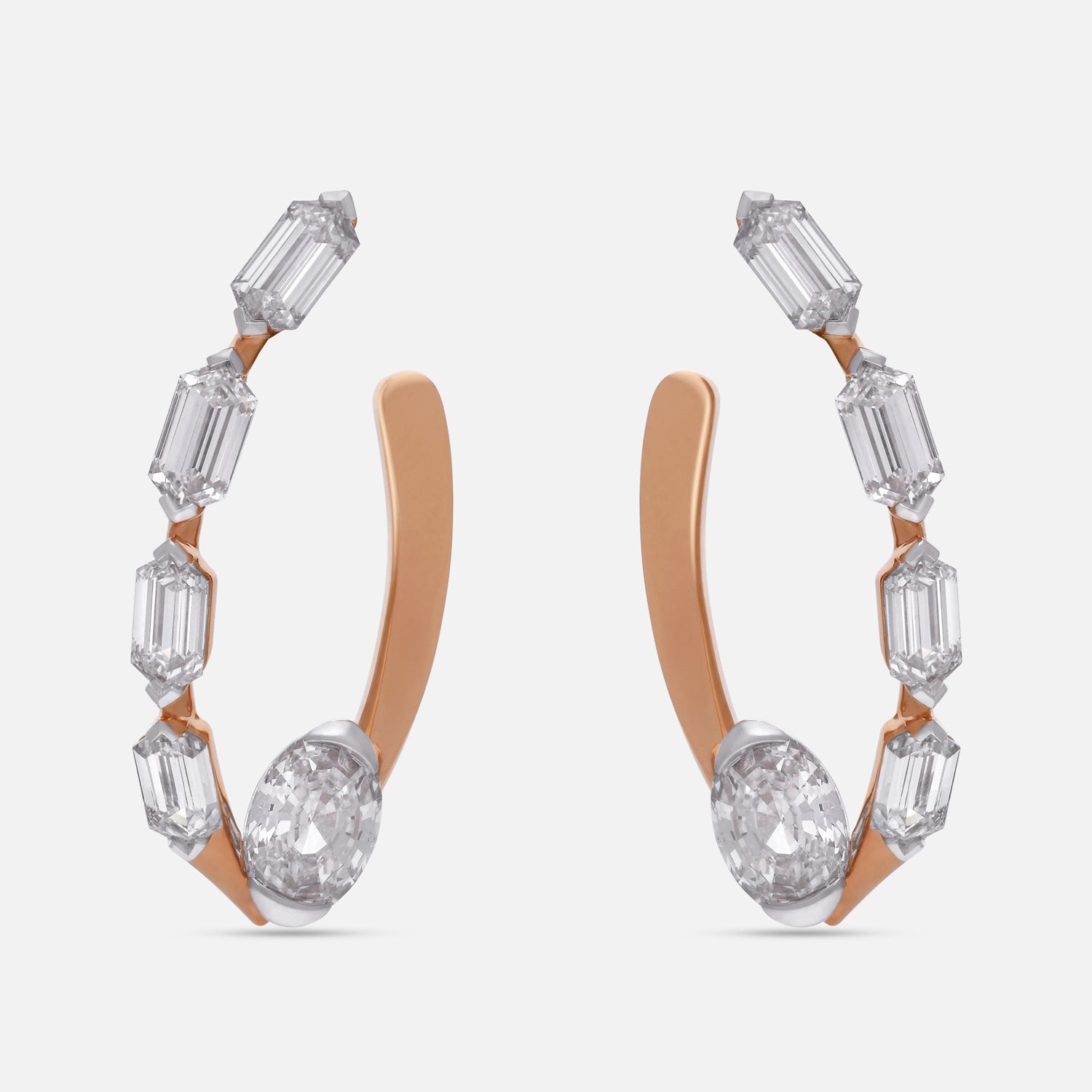 Sculptural Gold Tops with Oval Step Cut and Hexagonal Baguette-Cut Lab-Grown Diamonds in Curved Hoop Design | SKU : 0003761601