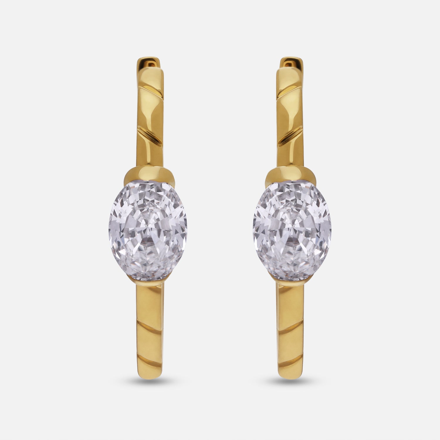 Oval Step-Cut Lab-Grown Diamond Engraved Yellow Gold Hoop Earrings | SKU : 0021918049