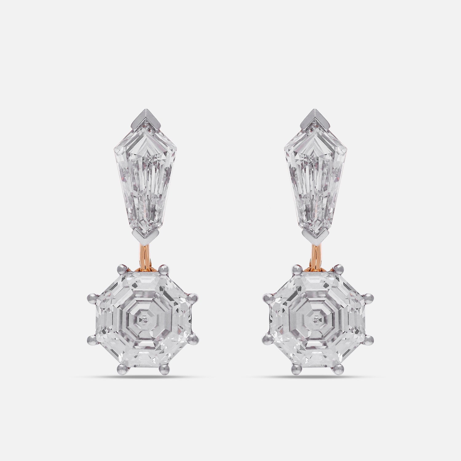 Rose Gold Drop Earrings with Octagon Step Cut and Tie Narrow Pointed-Cut Lab-Grown Diamonds | SKU : 0003759677